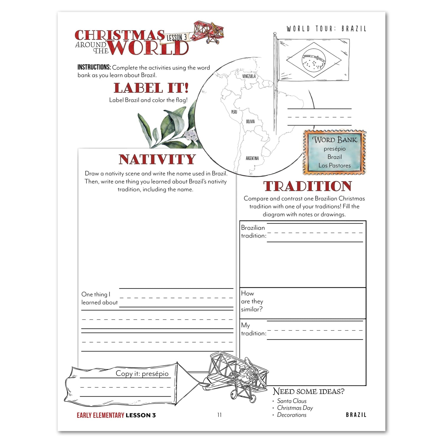 Christmas Around the World Homeschool Unit Study Digital Early Elementary Student Book Lesson 3 World Tour: Brazil