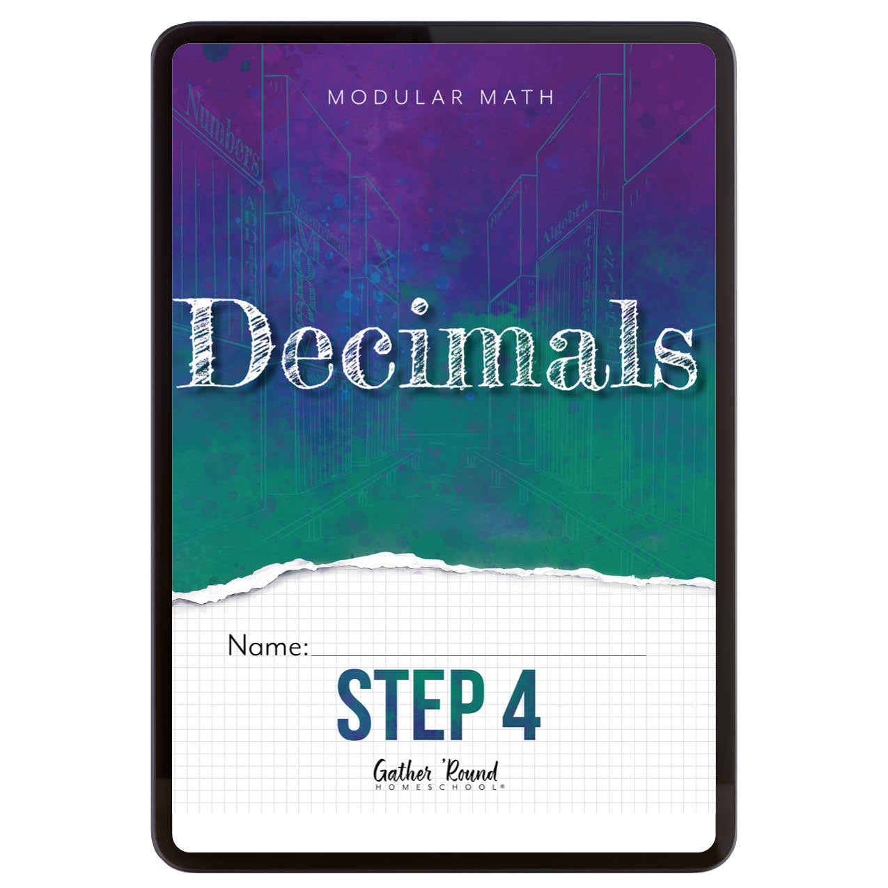 Digital book cover of 'Modular Math Decimals Step 4' with a colorful gradient background.