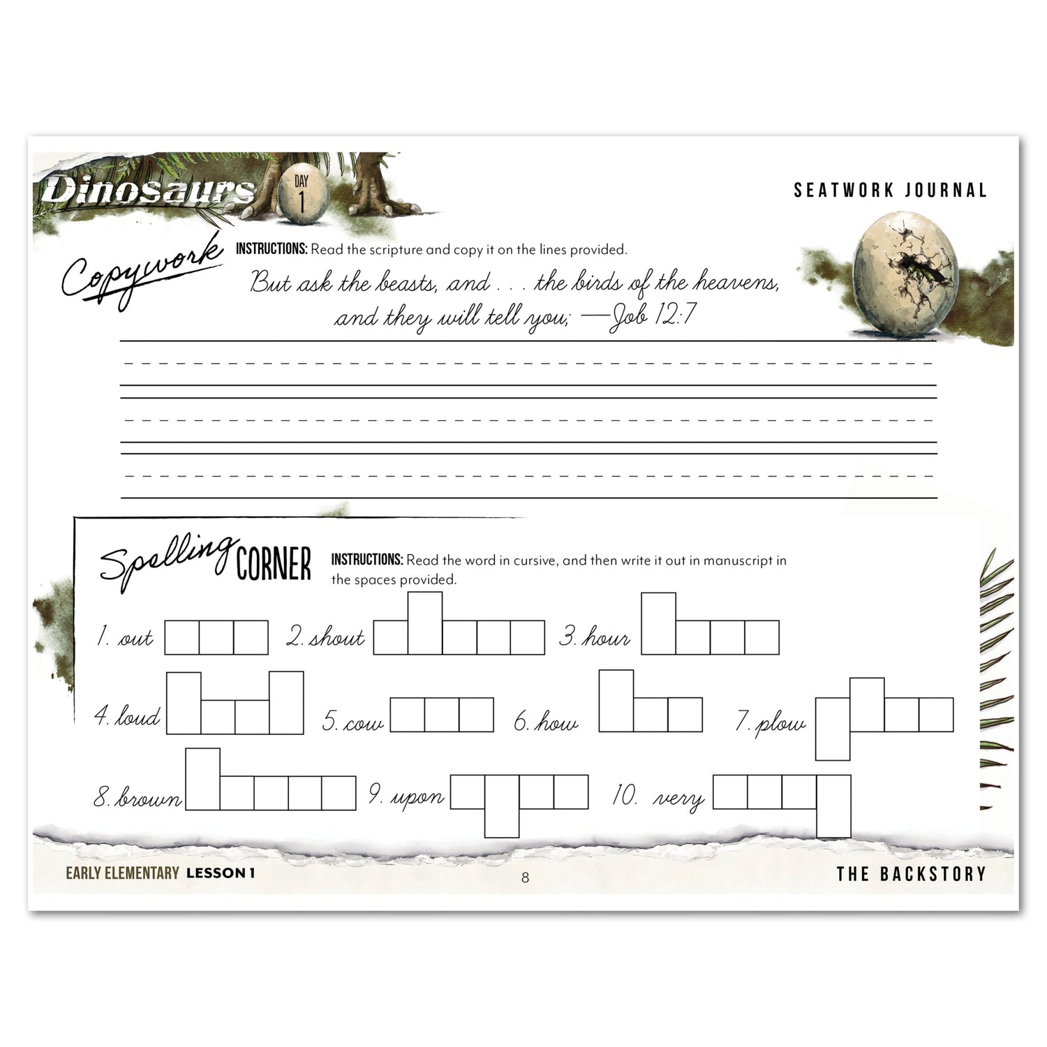 Dinosaurs Homeschool Unit Study Digital Seatwork Journal Cursive Early Elementary Lesson 1 Copywork and Spelling