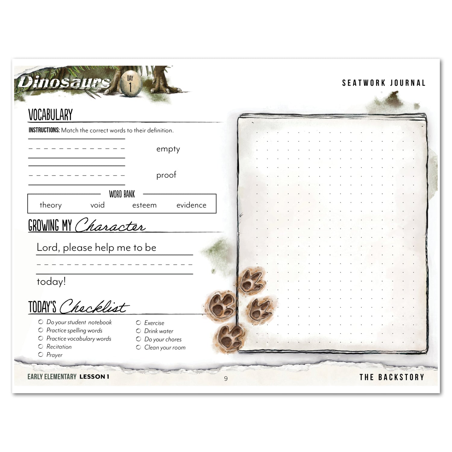 Dinosaurs Homeschool Unit Study Digital Seatwork Journal Manuscript Early Elementary Lesson 1 Vocabulary