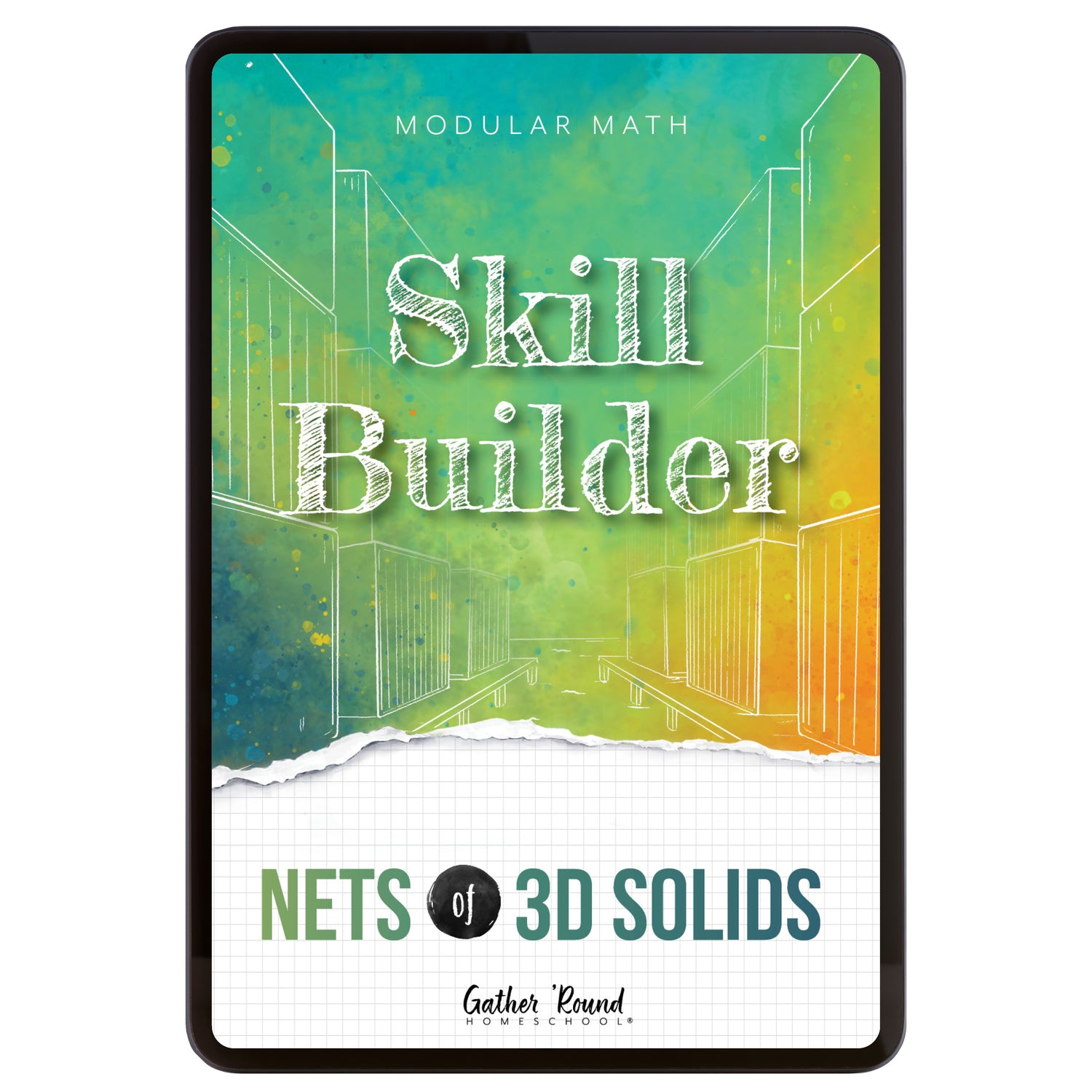 Digital book cover of 'Skill Builder: Nets of 3D Solids' with geometric design and text on a colorful background.