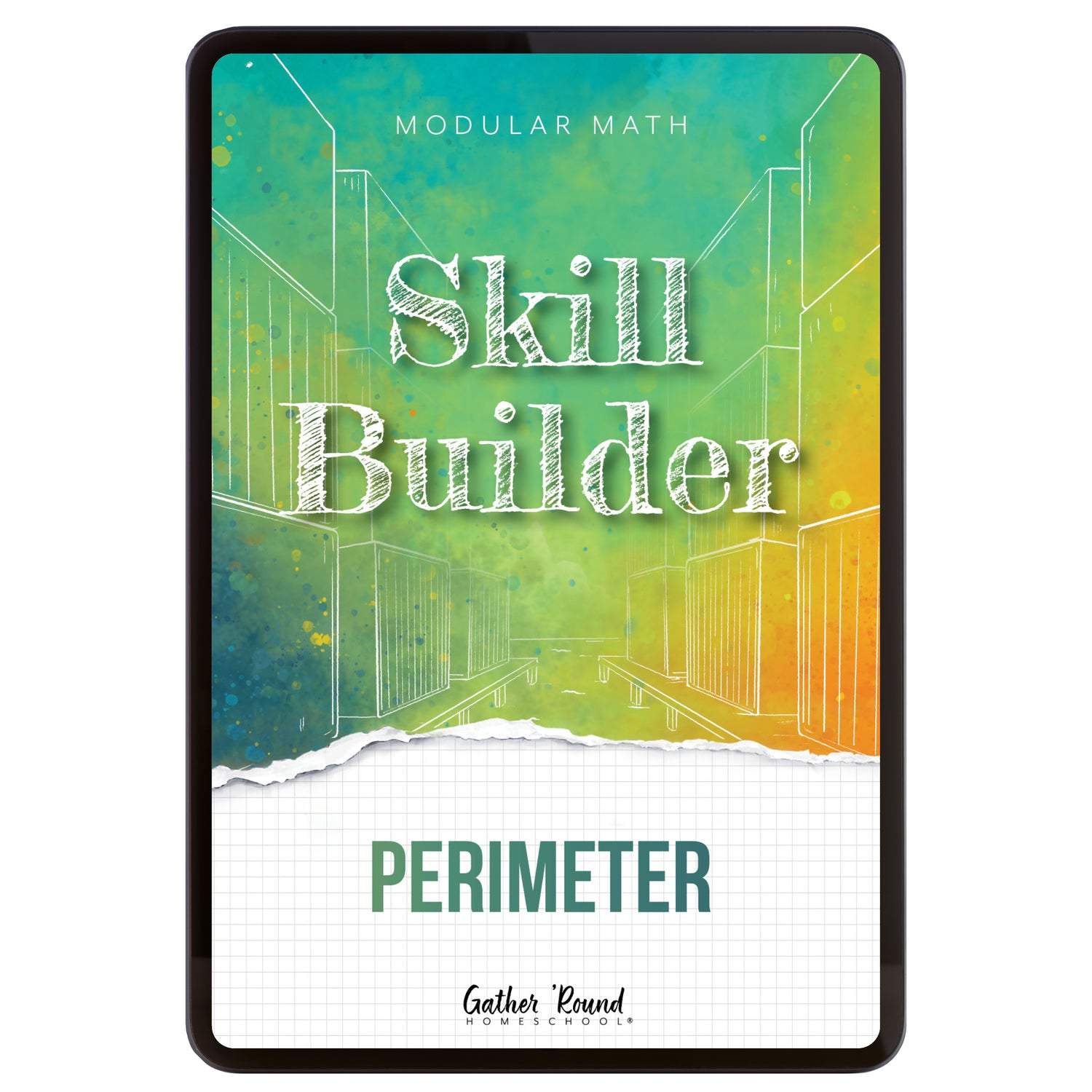 Digital book cover of 'Skill Builder: Perimeter' with geometric design and text on a colorful background.