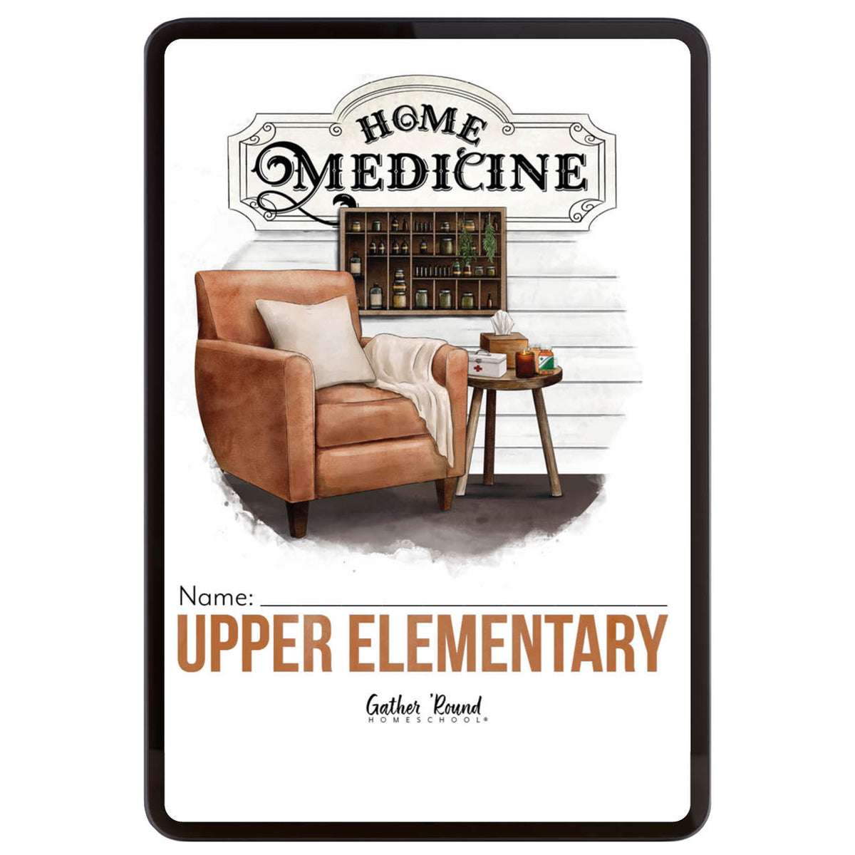 Digital cover for 'HOME MEDICINE Upper Elementary' unit, features a brown armchair and small side table in the center.