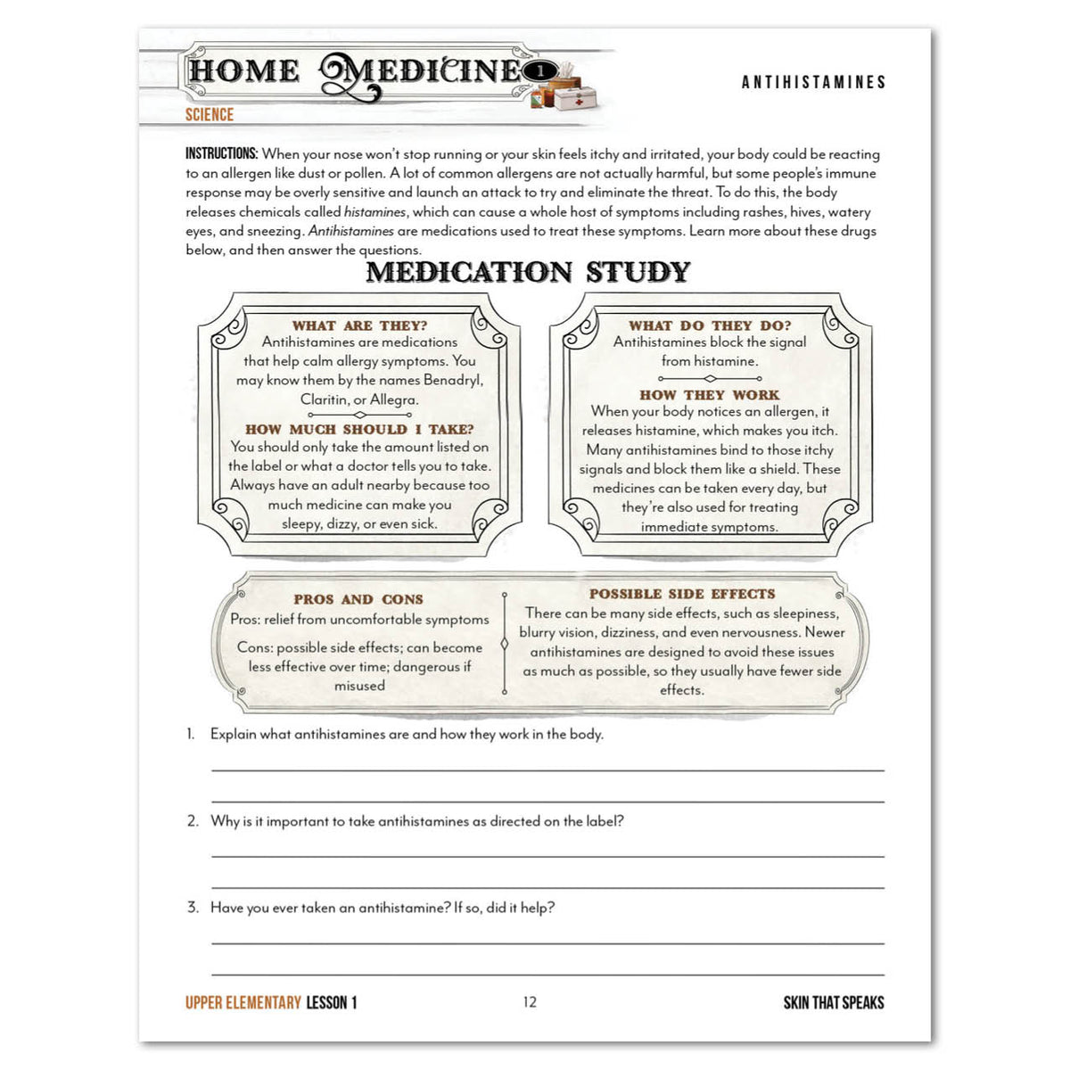 An educational worksheet page titled 'Home Medicine: Science' focusing on 'Antihistamines' and 'Medication Study'. The page features text definitions in decorative frames, a section on 'Pros and Cons', and a line for 'Explain what antihistamines are and how they work in the body'.