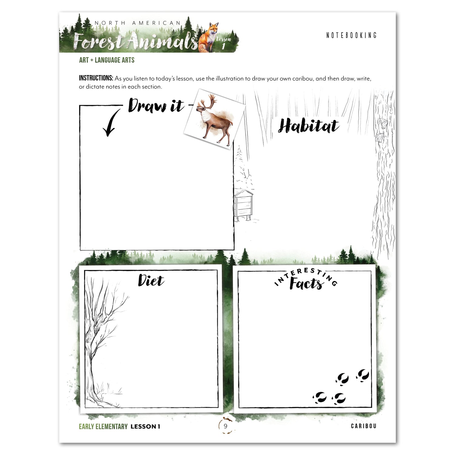 North American Forest Animals homeschool unit study digital student workbook in early elementary with teacher's guide bundle lesson one