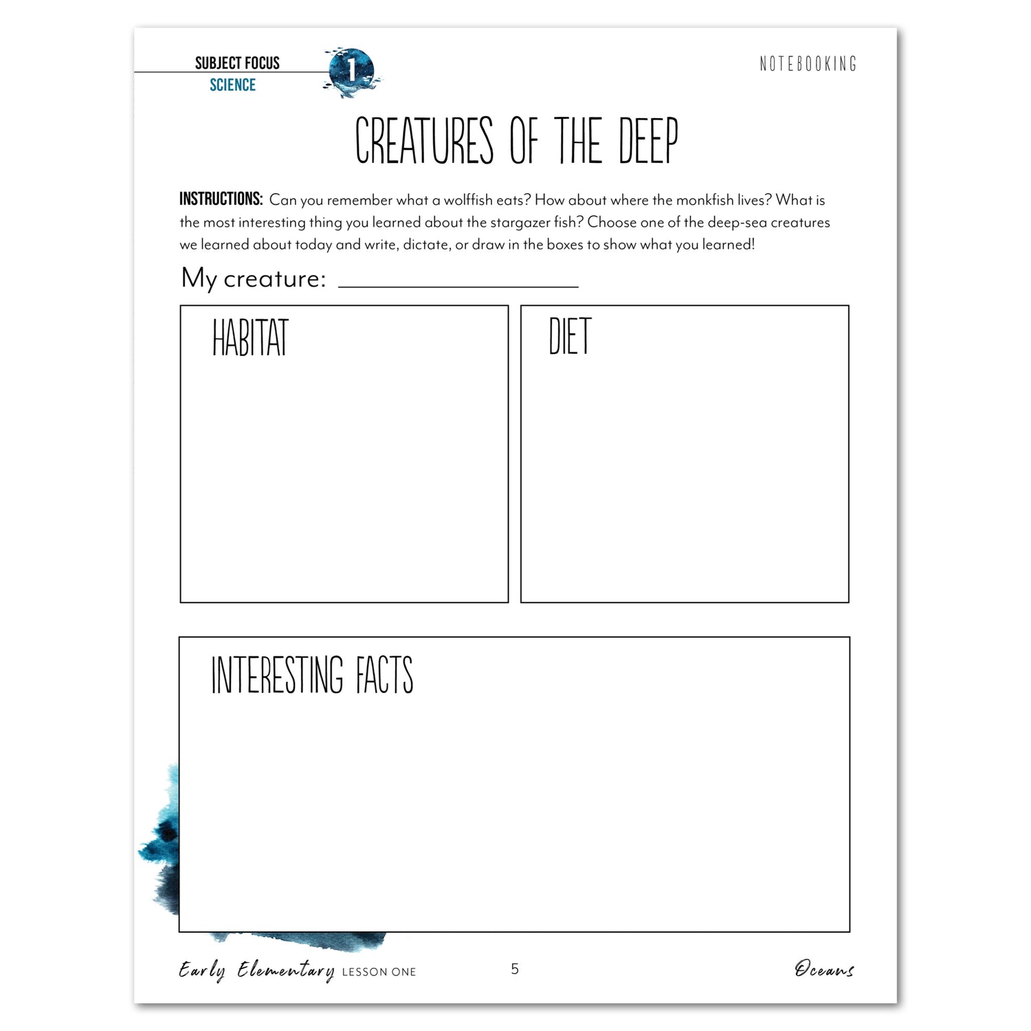 Oceans homeschool unit study digital student workbook for early elementary with teacher's guide combo creatures of the deep
