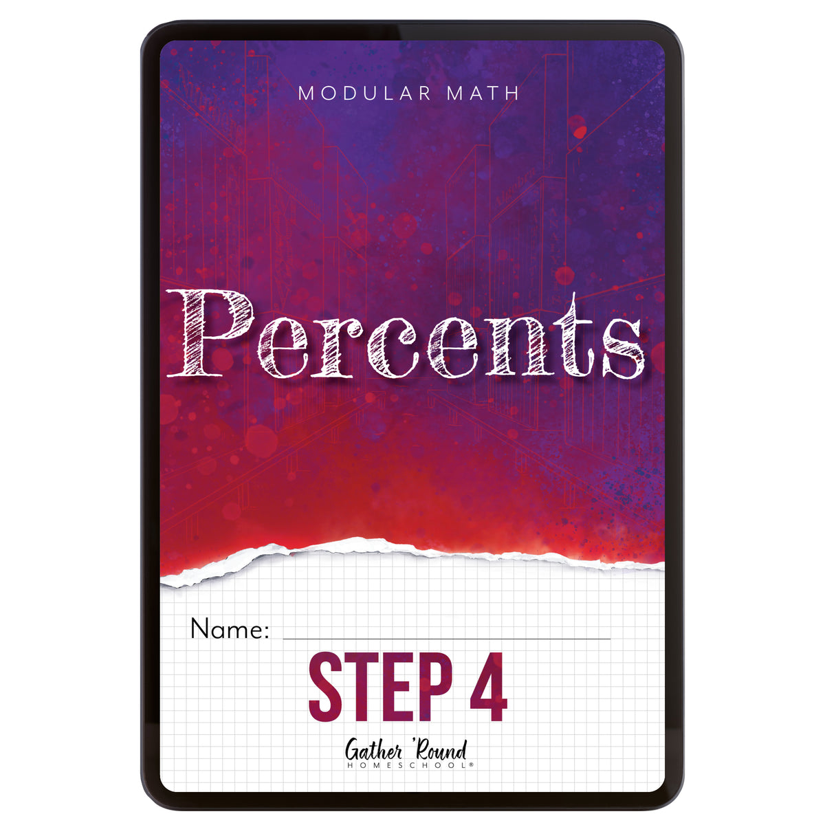 Digital cover of 'Modular Math: Percents Step 4' with a red and purple gradient.