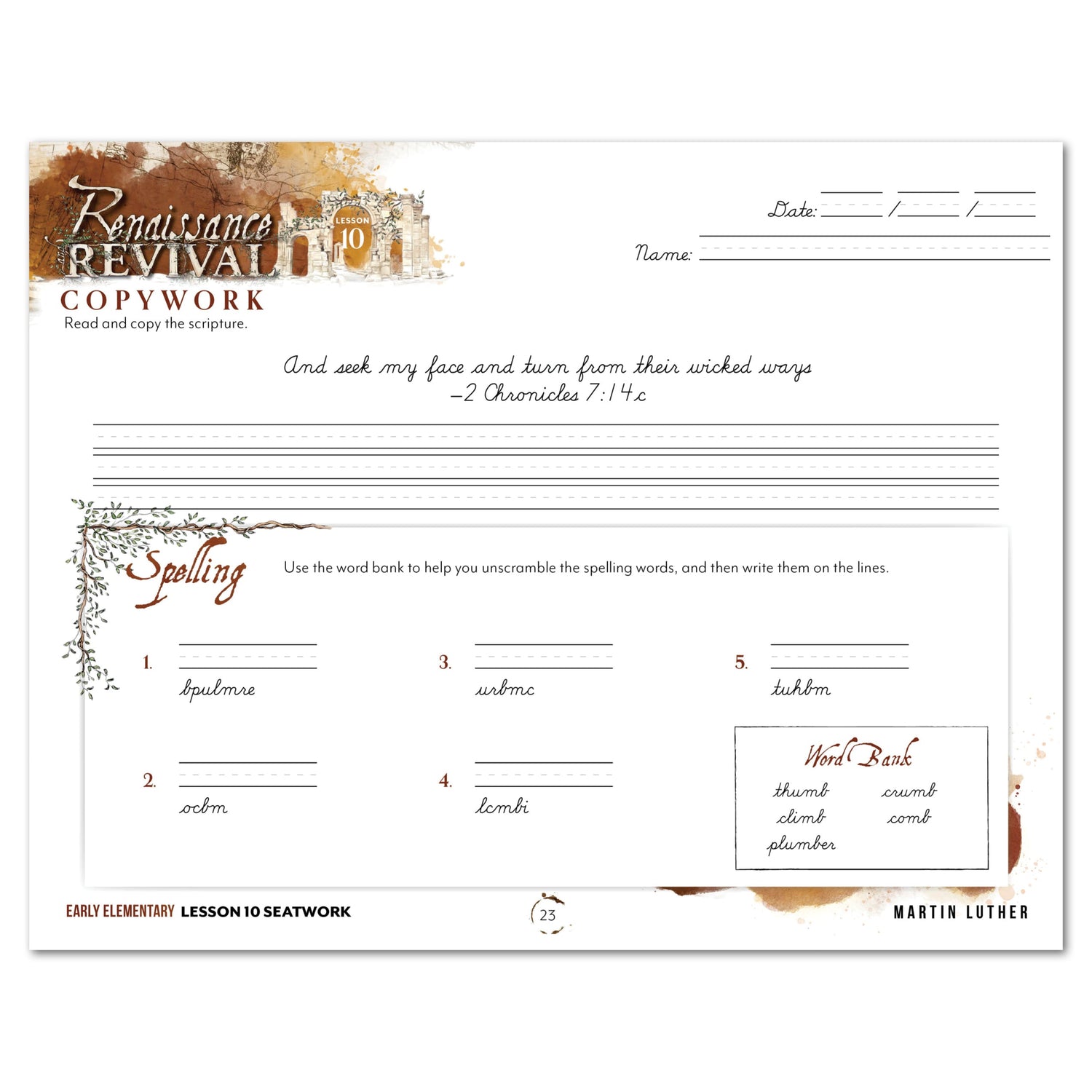 Renaissance and Revival Homeschool Unit Study Digital Seatwork Journal Cursive Early Elementary Lesson 10 Copwork and Spelling