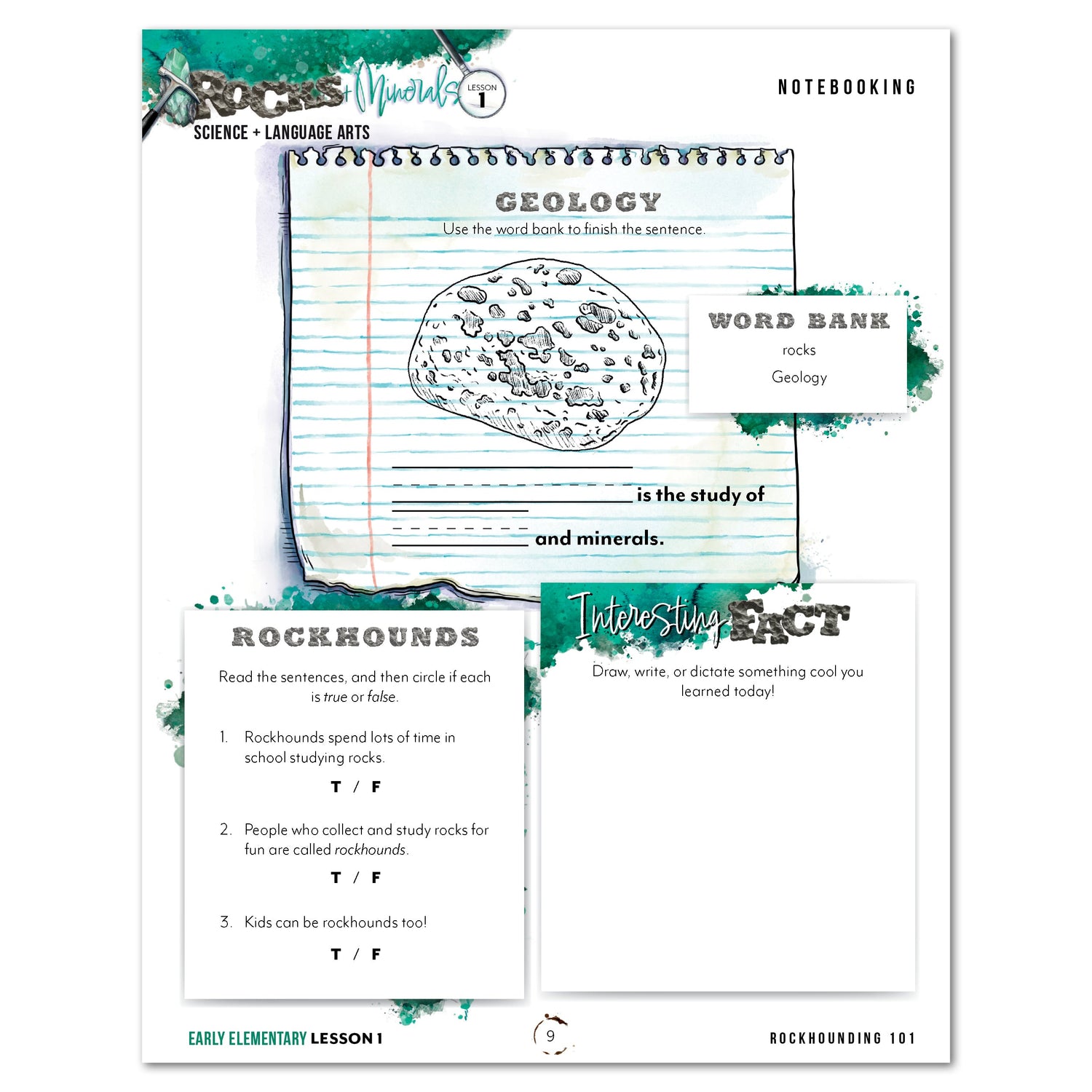 Rocks + Minerals homeschool unit study digital Early Elementary with Teacher's Guide bundle notebooking worksheet