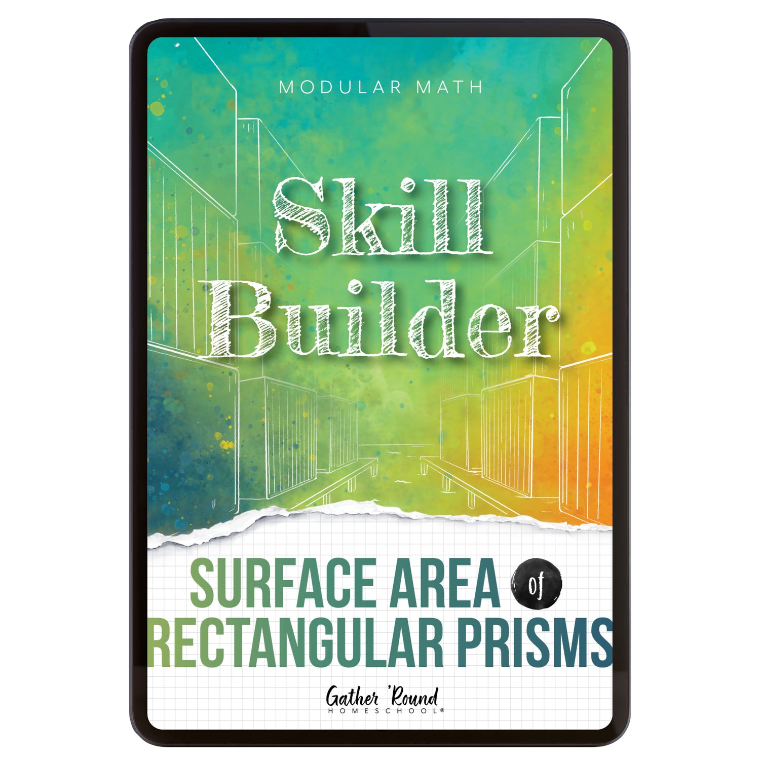 Digital book cover of 'Skill Builder: Surface Area of Rectangular Prisms' with geometric design and text on a colorful background.