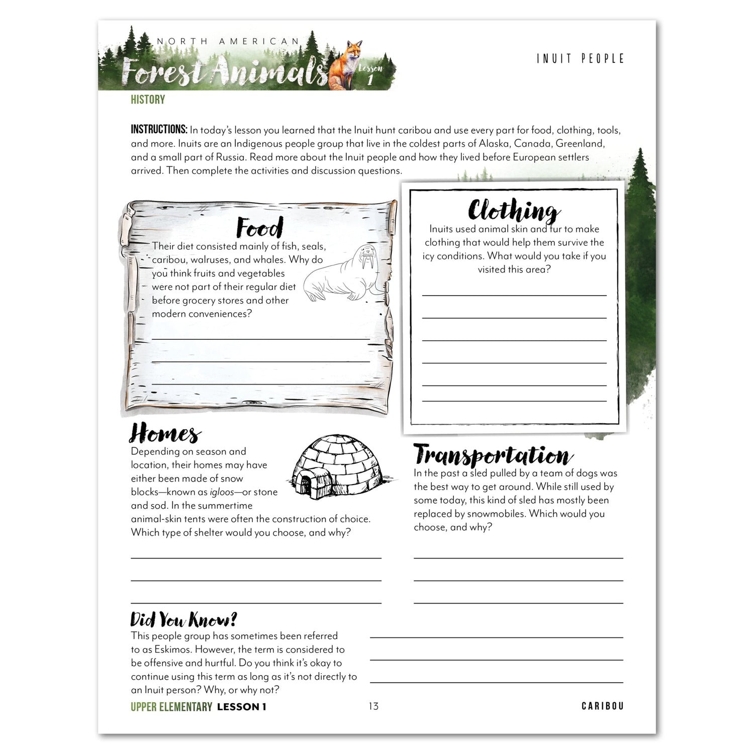 North American Forest Animals homeschool unit study digital student workbook in upper elementary with teacher's guide bundle lesson one
