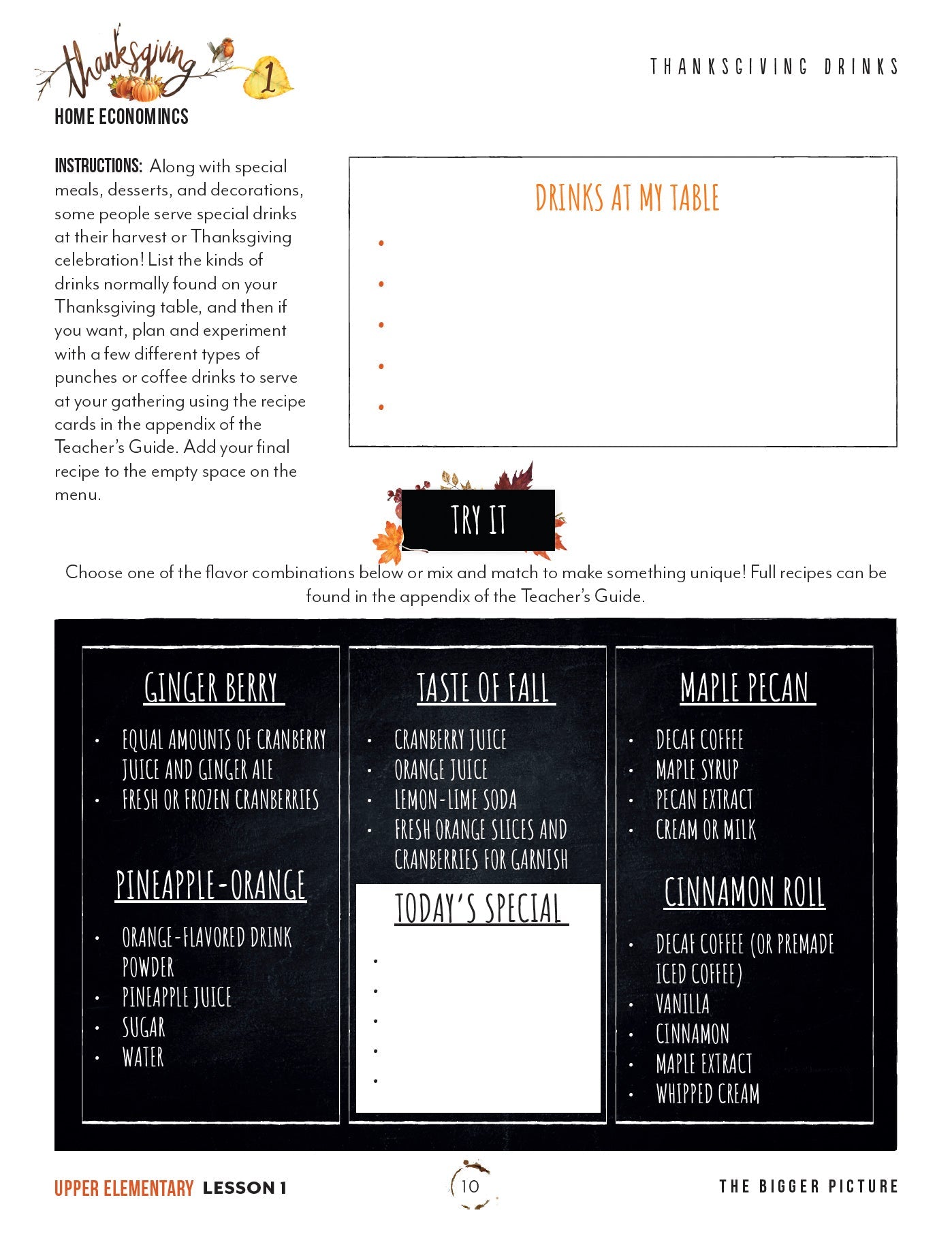 Thanksgiving Homeschool Unit Study Digital Download Upper Elementary Student Book Lesson 1 Thanksgiving Drinks