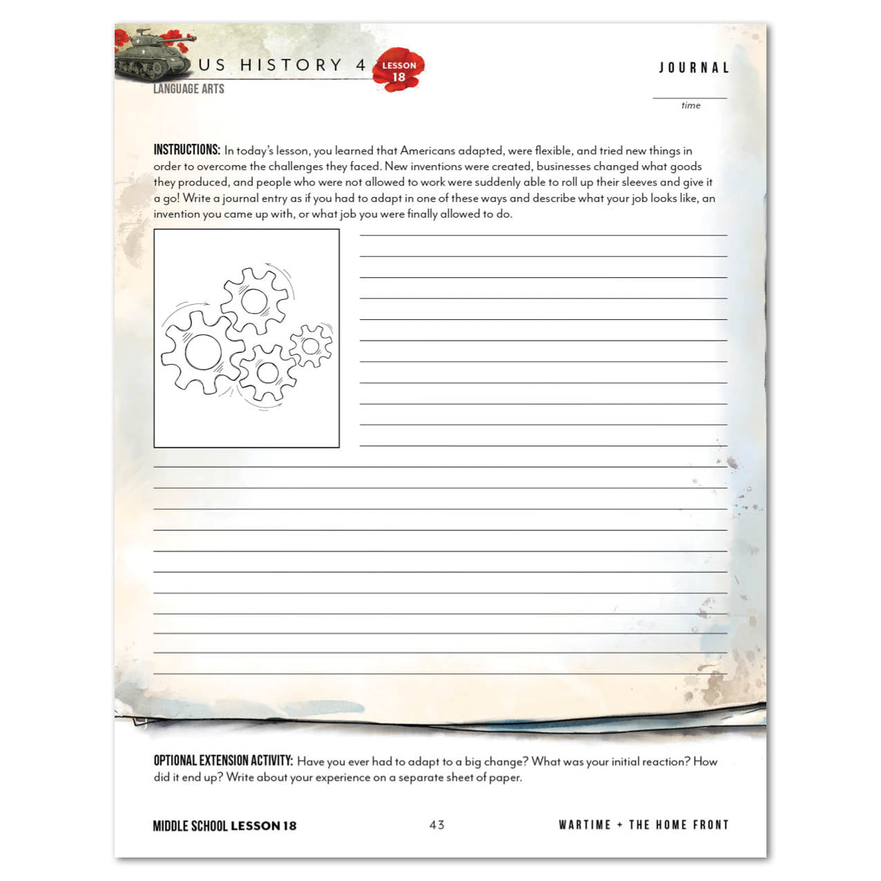 A single printed worksheet page from a US History 4 Language Arts page with text, a gear illustration, and lined writing areas on an aged paper background.