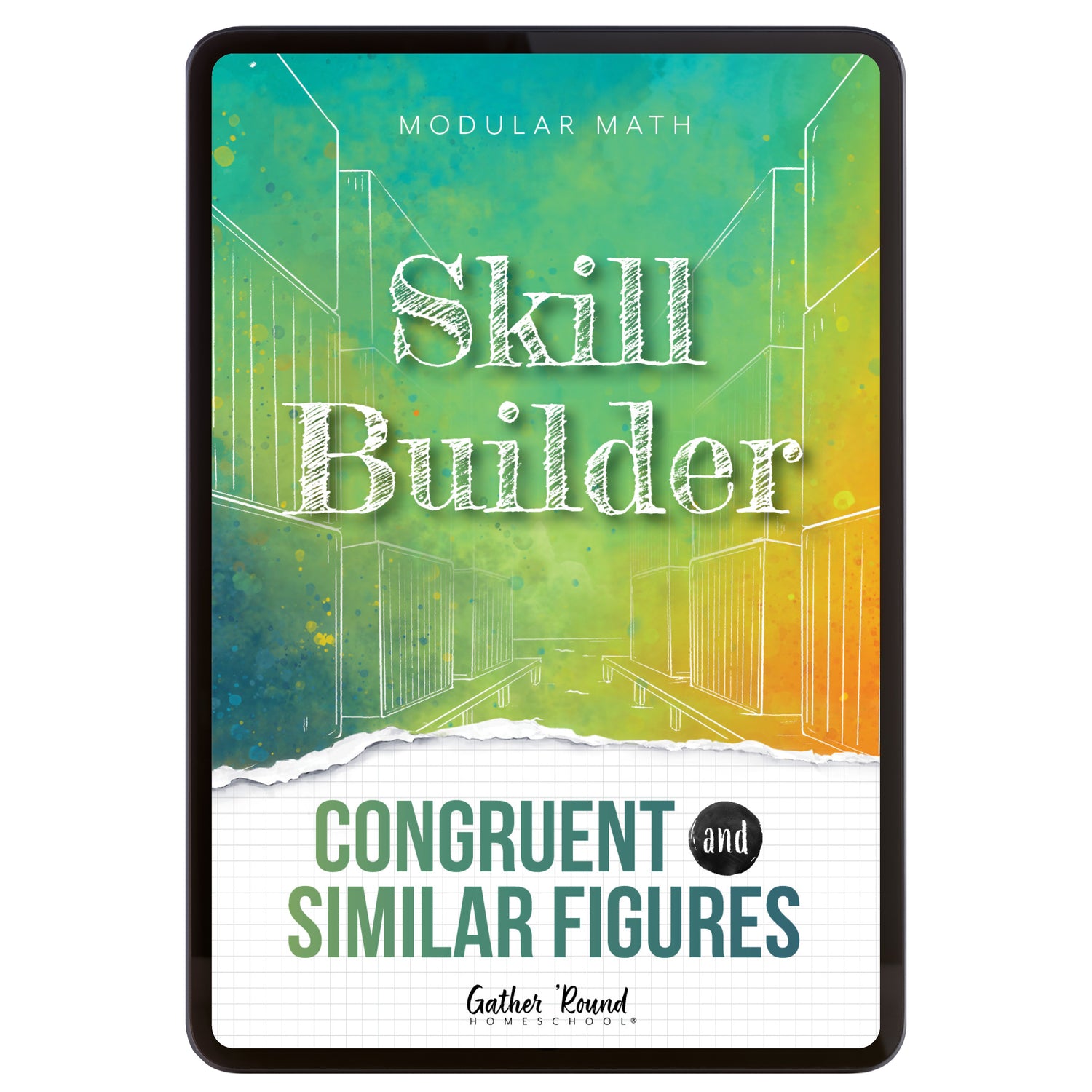 Digital book cover of 'Skill Builder: Congruent and Similar Figures' with geometric design and text on a colorful background.