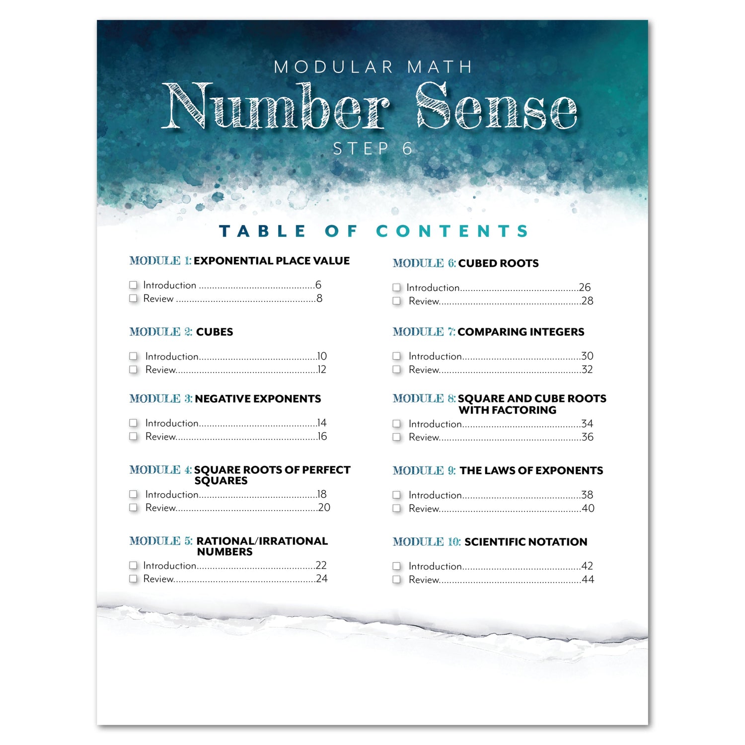 Number Sense Modular Math Step 6 printed book table of contents