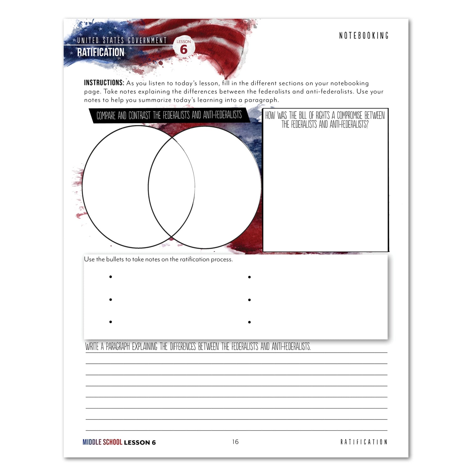 US Government Homeschool Study Unit Digital Middle School Student Book Lesson 6 Notebooking