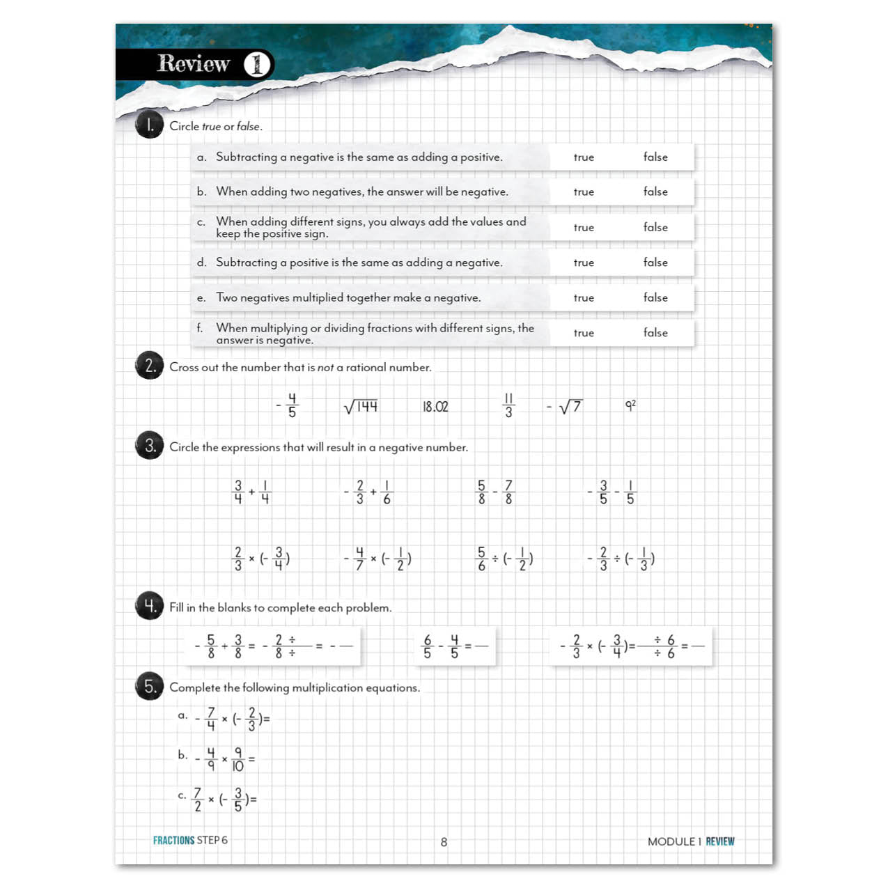 Fractions worksheet review page for Step 6