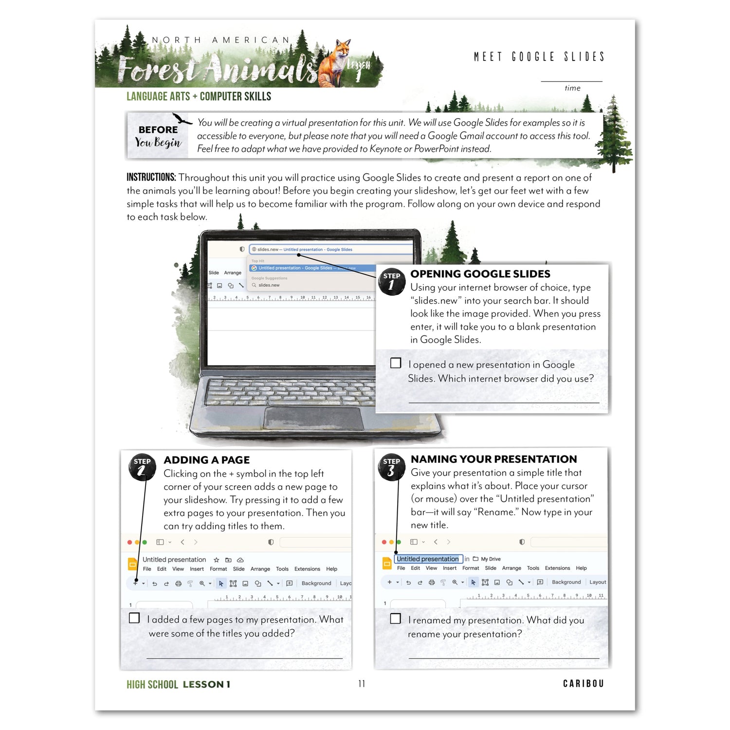 North American Forest Animals homeschool unit study digital student workbook in high school with teacher's guide bundle lesson one