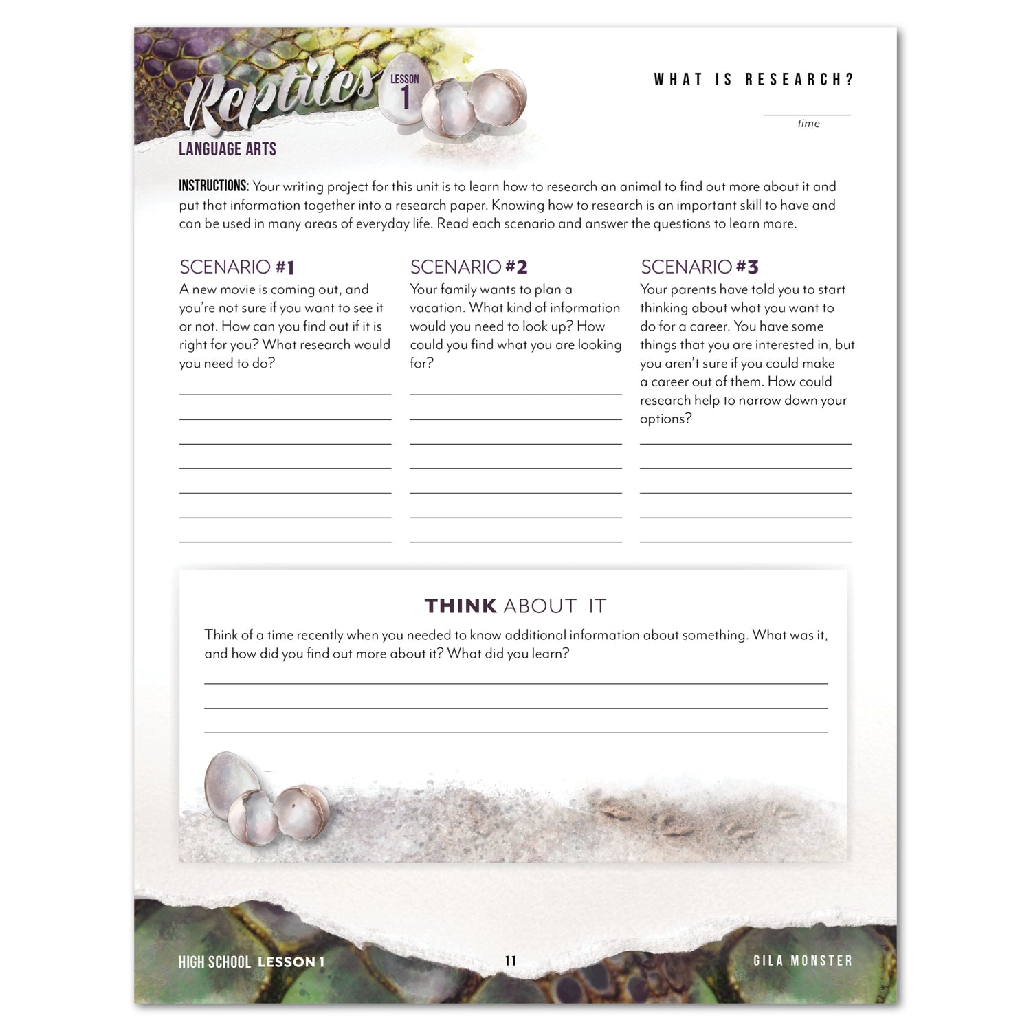 Reptiles homeschool unit study digital student workbook High School and Teacher's Guide bundle what is research worksheet