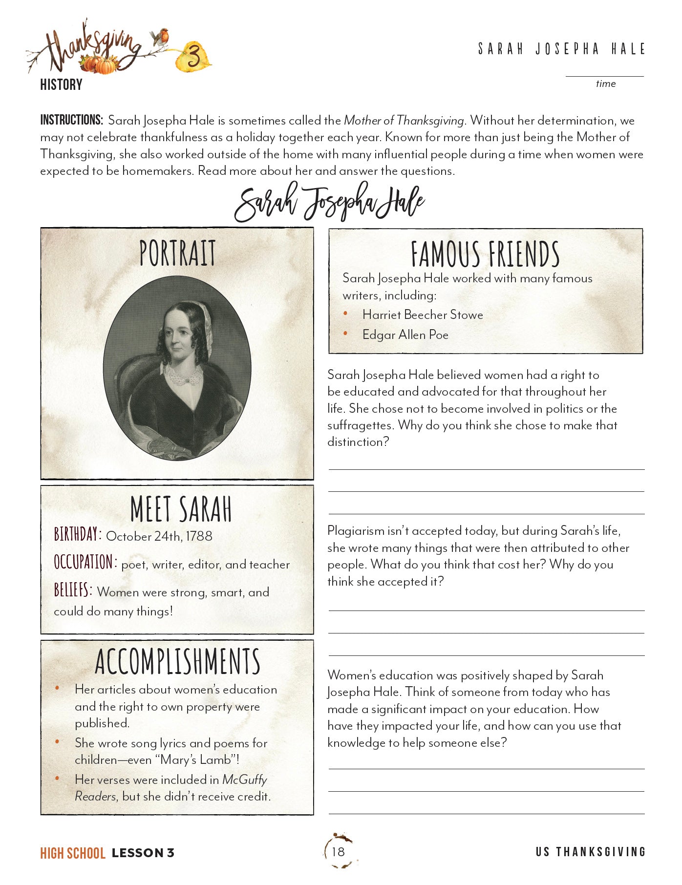 Thanksgiving Homeschool Unit Study Digital Download High School Student Book Lesson 3 Sarah Josepha Hale
