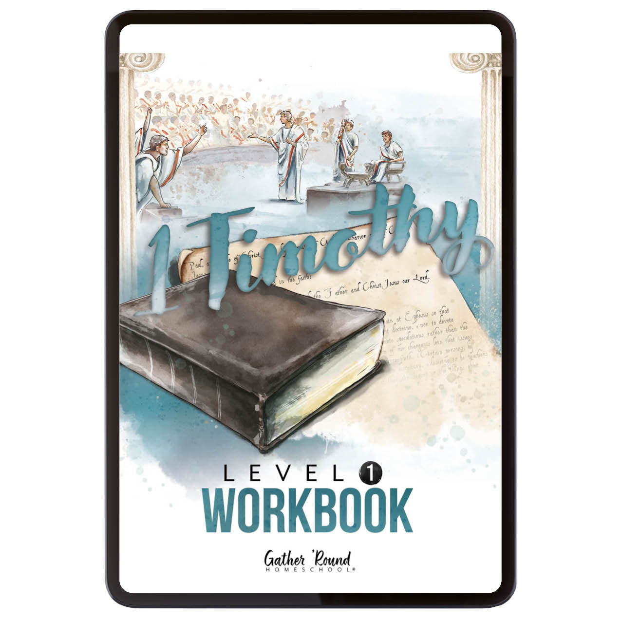 1 Timothy Level 1 digital Workbook cover with artistic design and text.