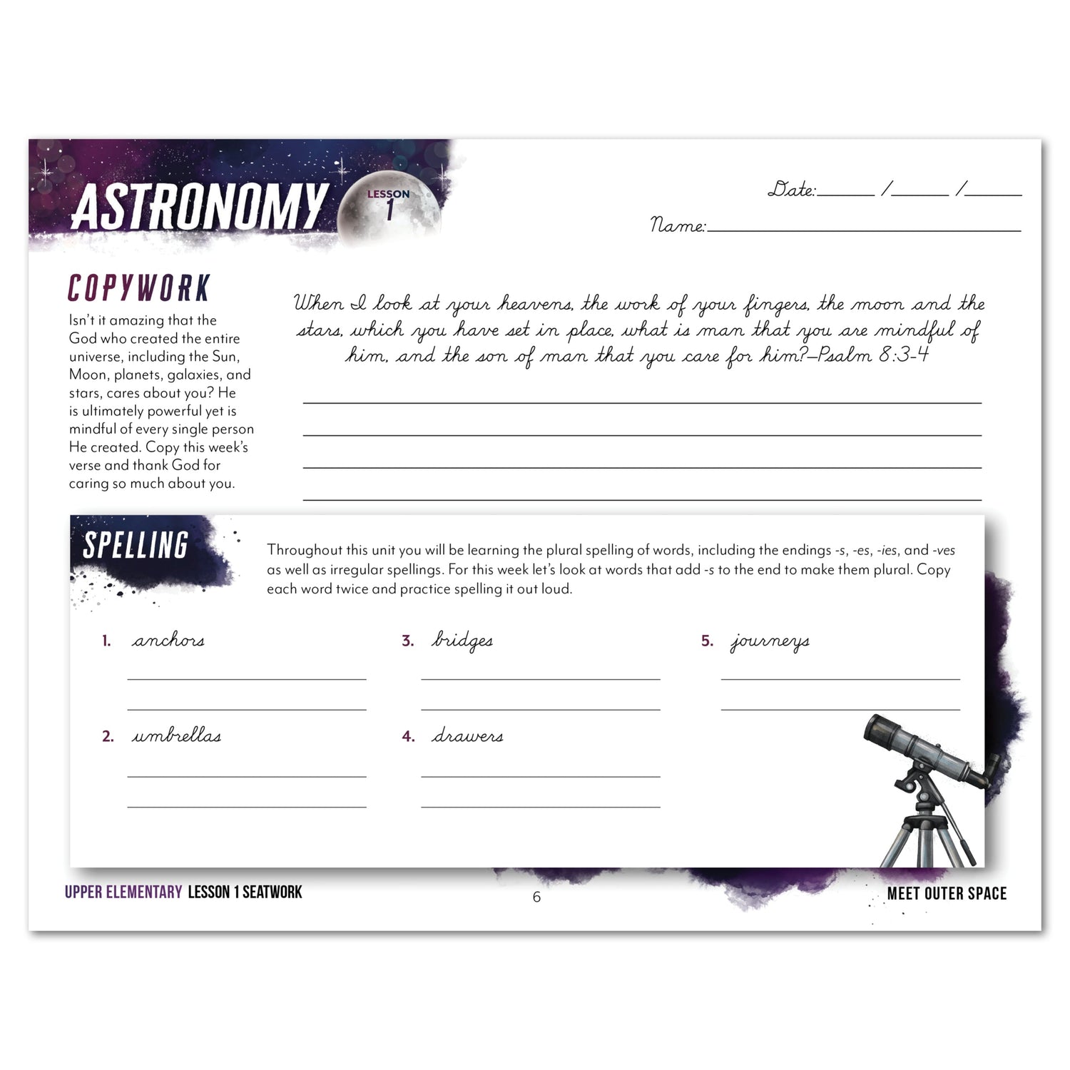 Astronomy Homeschool Unit Study Digital Seatwork Journal Cursive Upper Elementary Copypwork Lesson 1