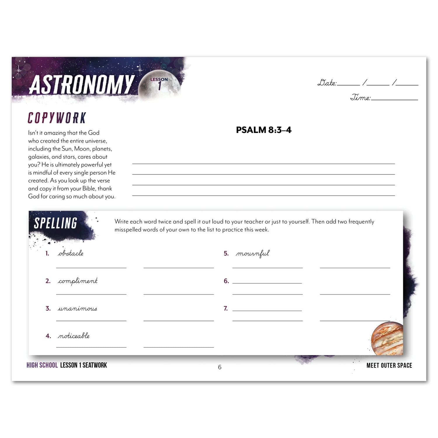 Astronomy Homeschool Unit Study Digital Seatwork Journal Cursive High School Copypwork Lesson 1
