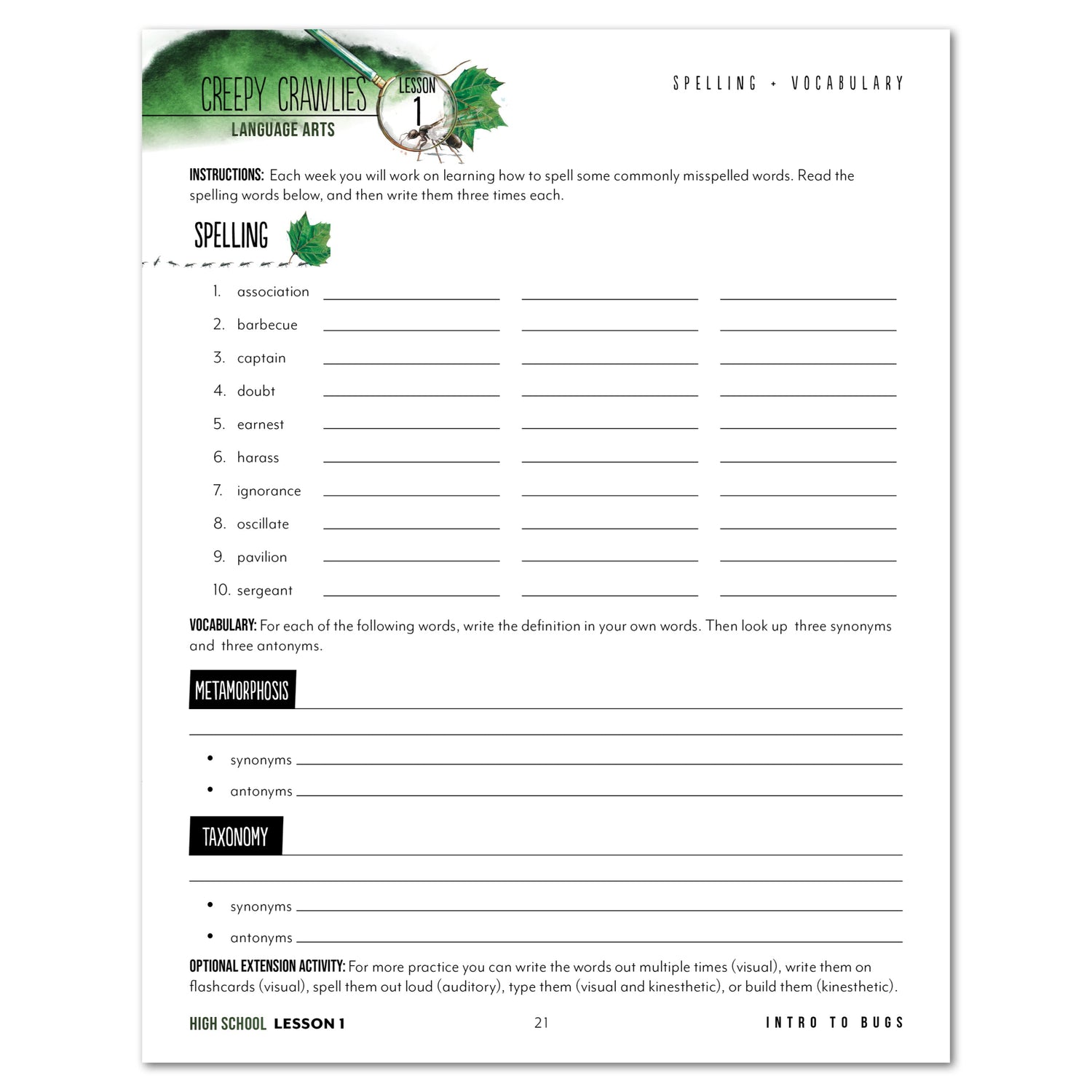 Creepy Crawlies Homeschool Unit Study Digital High School Student Book Lesson 1 Spelling and Vocabulary