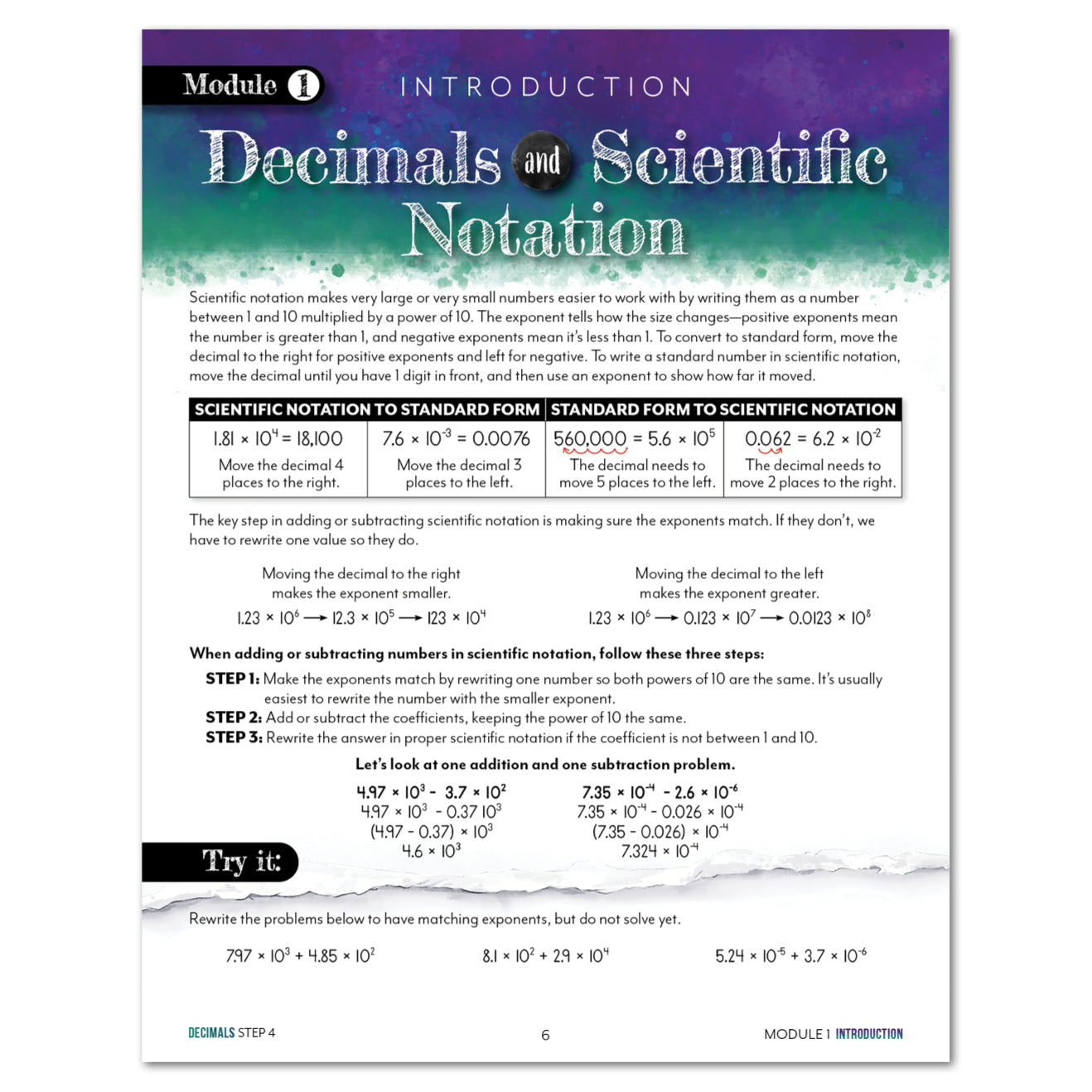 An educational worksheet titled 'Decimals and Scientific Notation' showing introduction with text explanations, conversion examples, and a 'Try it' section at the bottom.