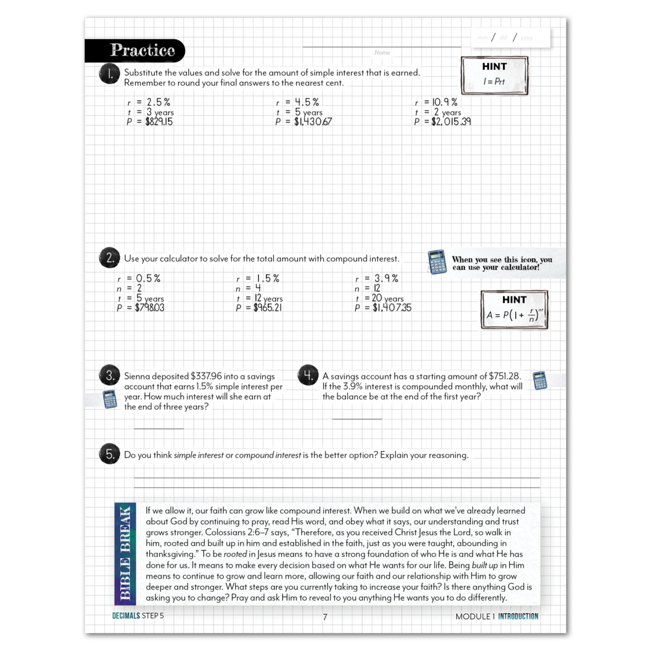 A worksheet page titled Practice with sections on simple interest and compound interest, including formulas, and example problems.