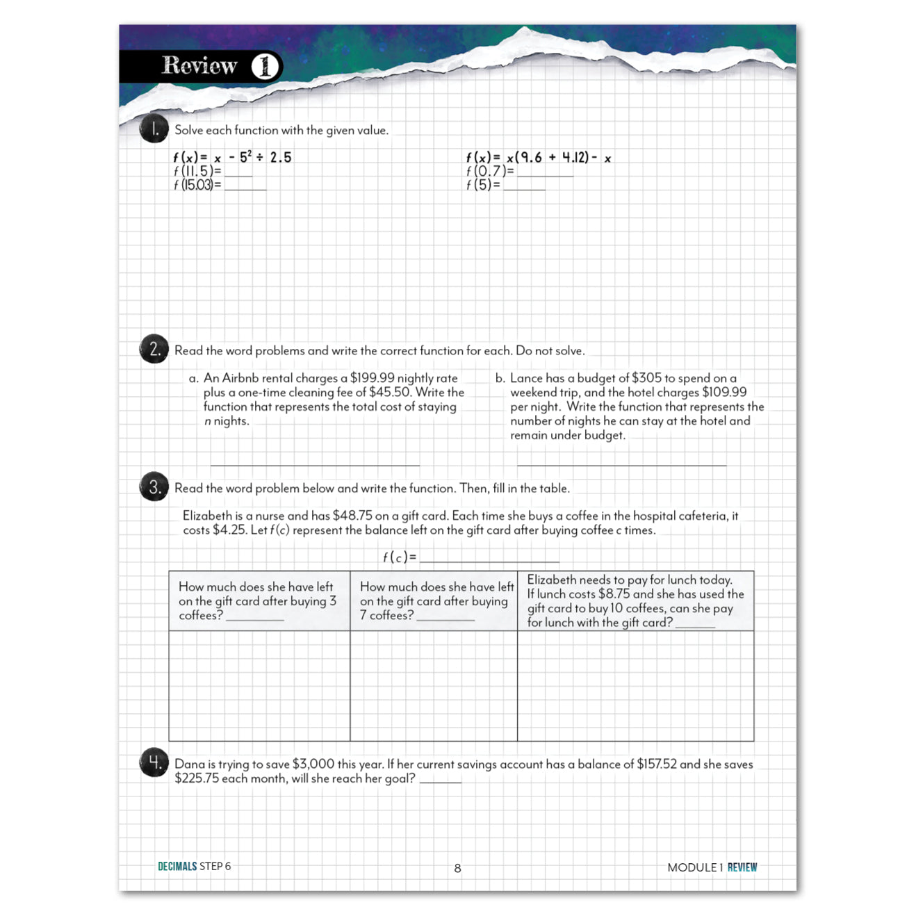 A worksheet page titled 'Review' with a lined notebook-paper background, showing algebra word problems and function exercises.