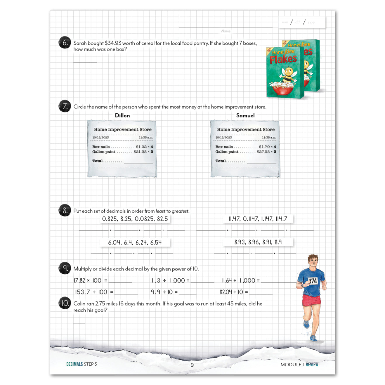 A worksheet page with math problems, including a small, printed image of a cereal box near the top right. The page has a white grid background, blue header and footer bands, and a small illustration of a running person at the bottom right.