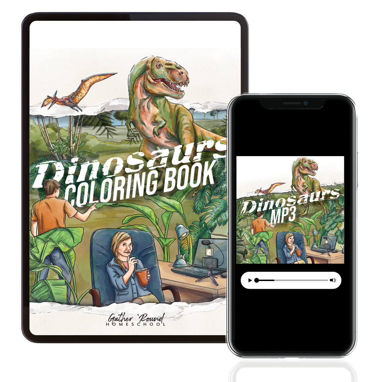 Dinosaurs Homeschool Unit Study Digital Companion Coloring Book and Dinosaurs MP3 Podcast/Radio Show Bundle