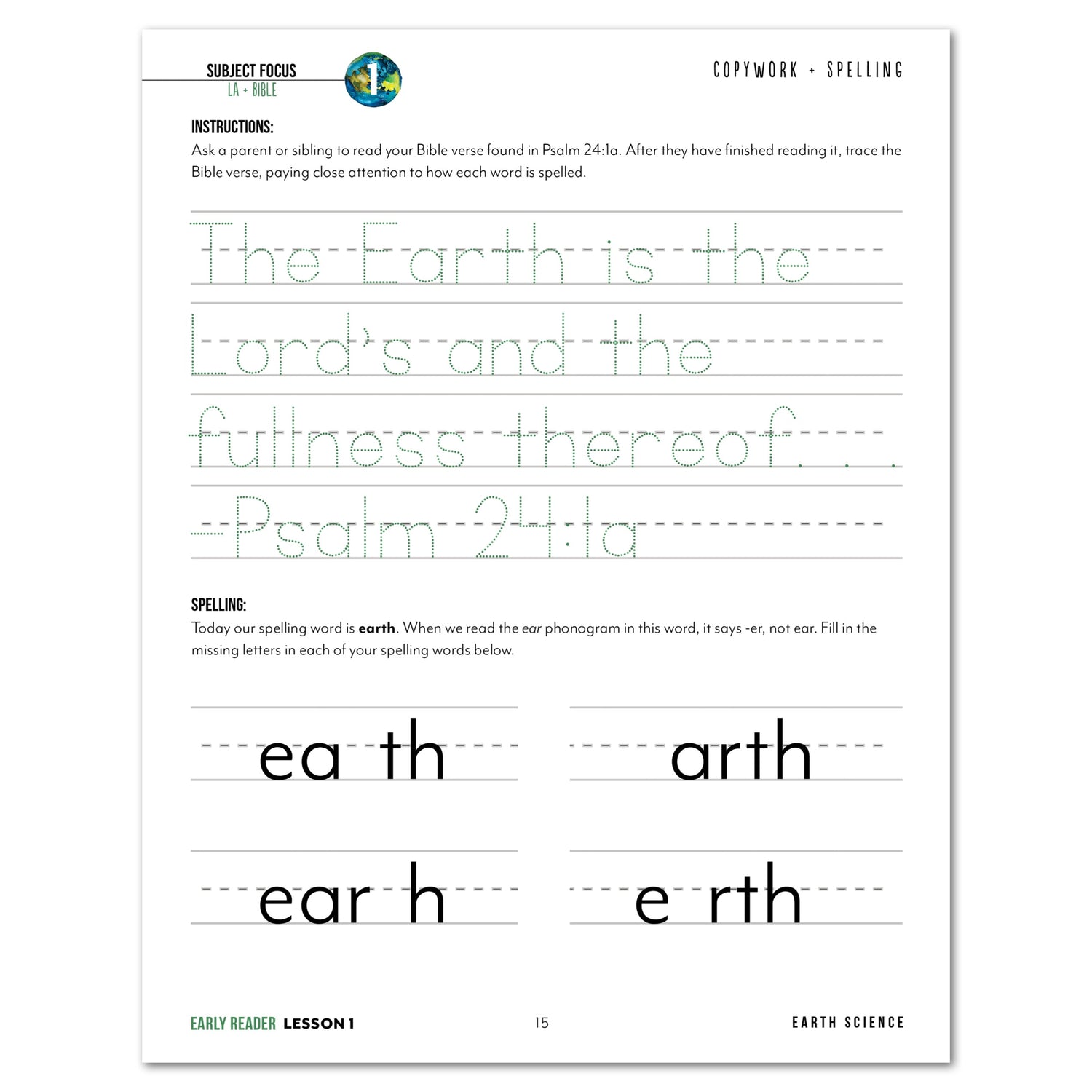 Earth Science Homeschool Unit Study Digital Early Reader Student Book Lesson 1 Copywork and Spelling