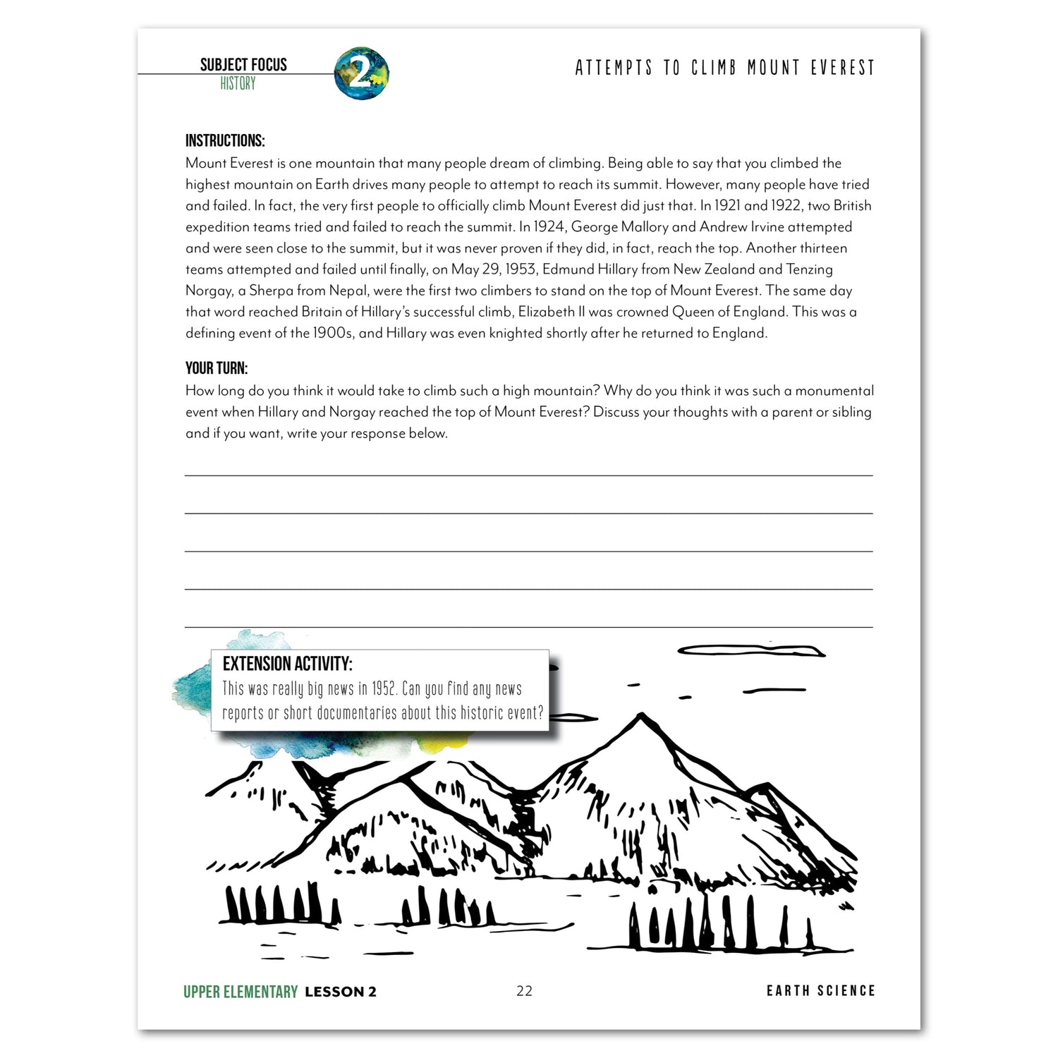Earth Science Homeschool Unit Study Digital Upper Elementary Student Book Lesson 2 Attempts to Climb Mount Everest
