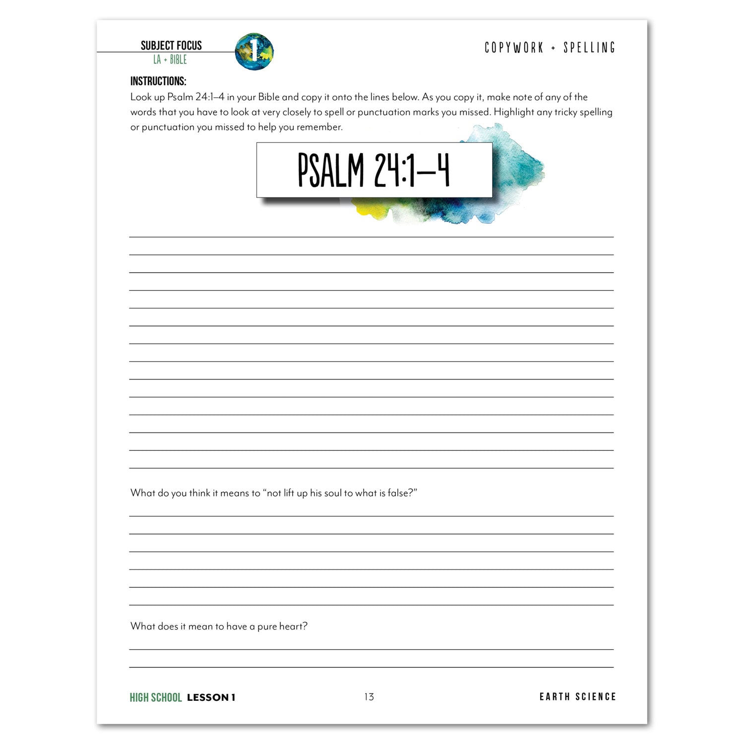 Earth Science Homeschool Unit Study Digital High School Student Book Lesson 1 Copywork and Spelling
