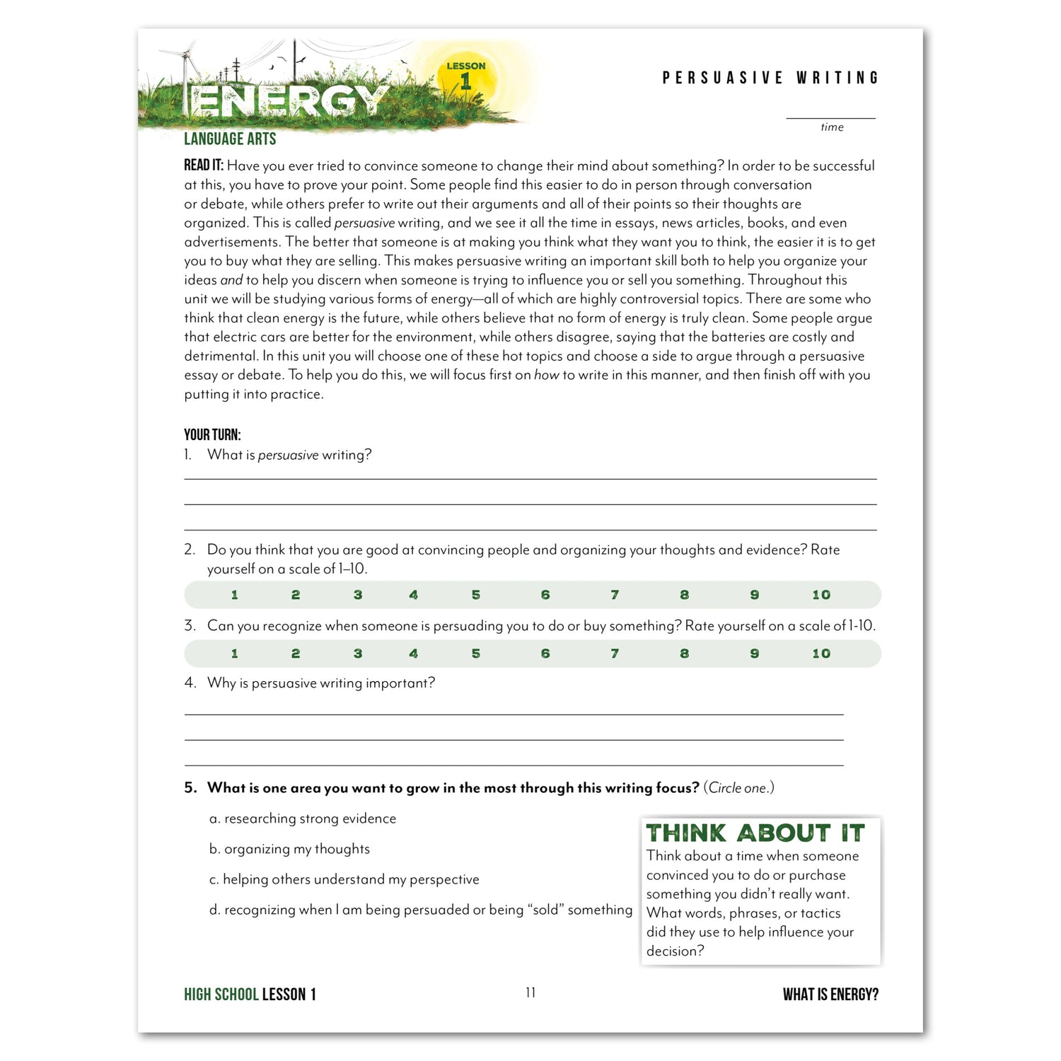 Energy Homeschool Unit Study Digital High School Student Book Lesson 1 Persuasive Writing
