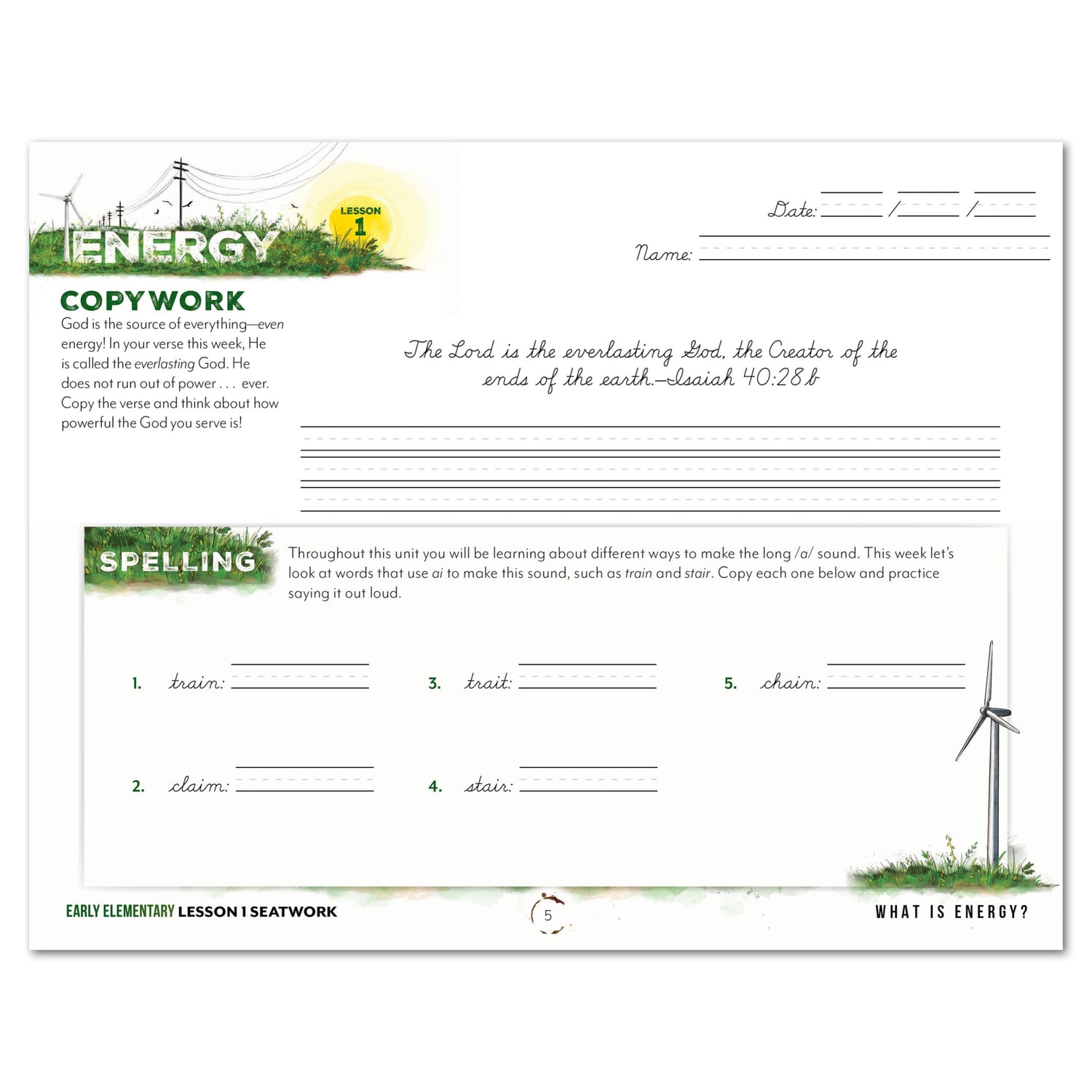 Energy Homeschool Unit Study Digital Seatwork Journal Cursive Early Elementary Student Book Lesson 1 Coywork and Spelling