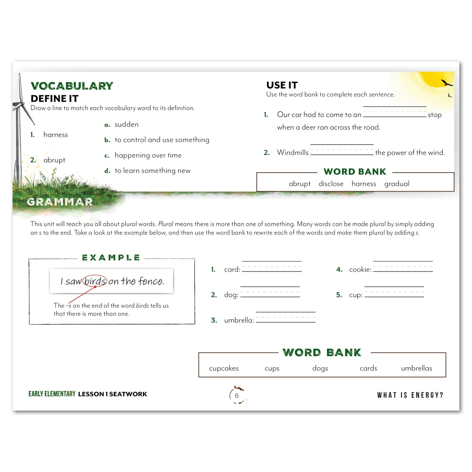 Energy Homeschool Unit Study Digital Seatwork Journal Manuscript Early Elementary Student Book Lesson 1 Vocabulary