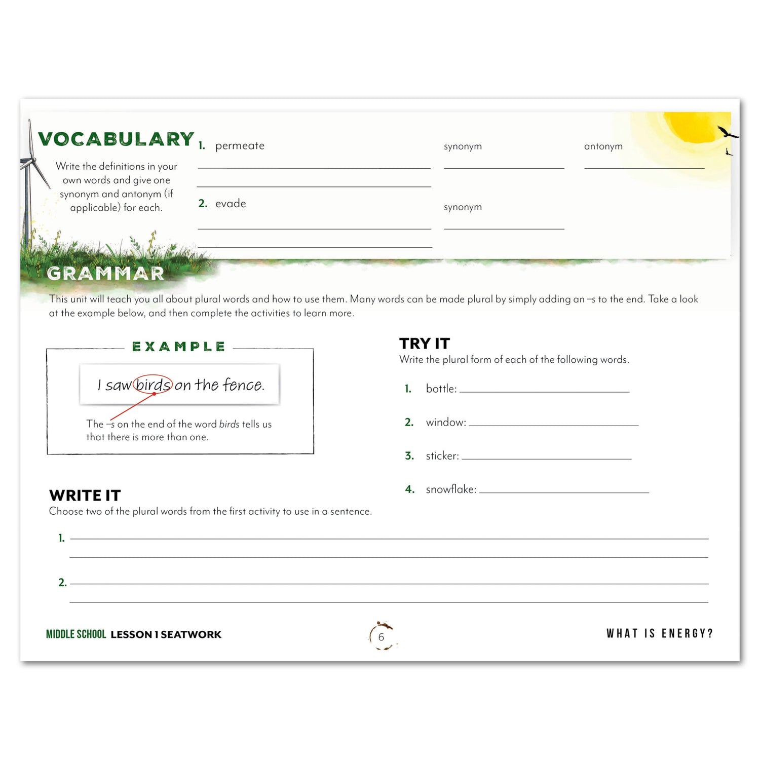 Energy Homeschool Unit Study Digital Seatwork Journal Manuscript Middle School Student Book Lesson 1 Vocabulary