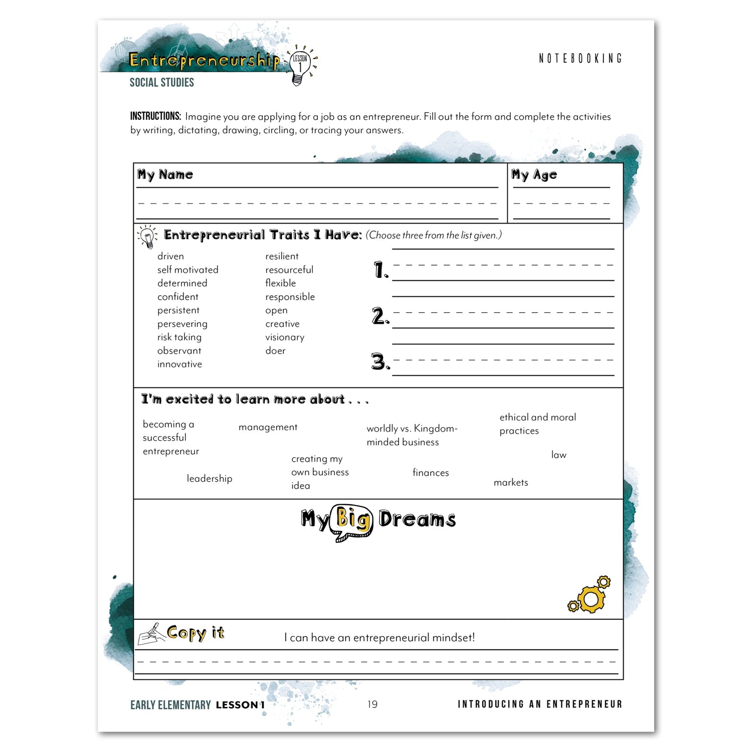 Entrepreneurship Homeschool Unit Study Digital Early Elementary Student Book Lesson 1 Notebooking
