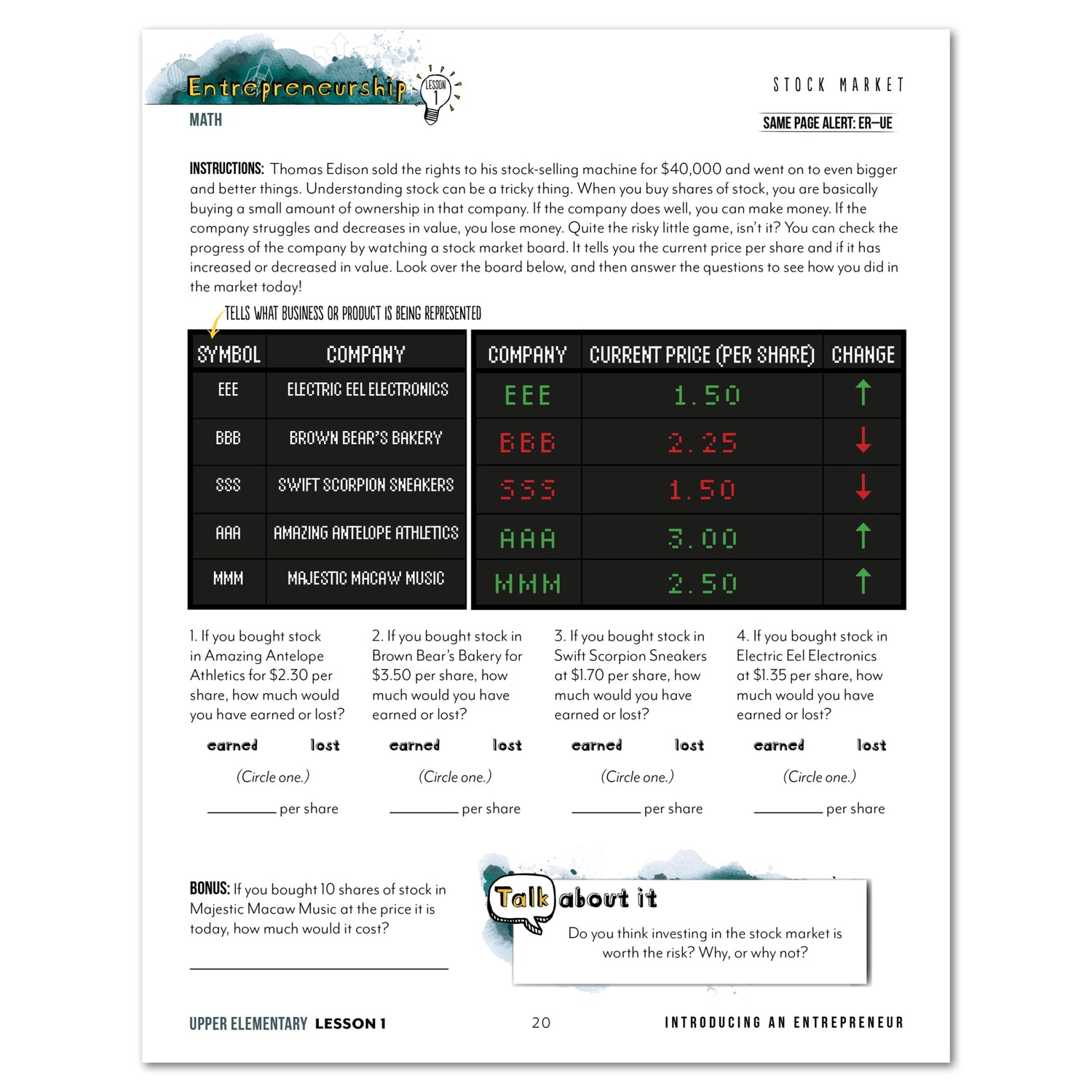 Entrepreneurship Homeschool Unit Study Digital Upper Elementary Student Book Lesson 1 Stock Market