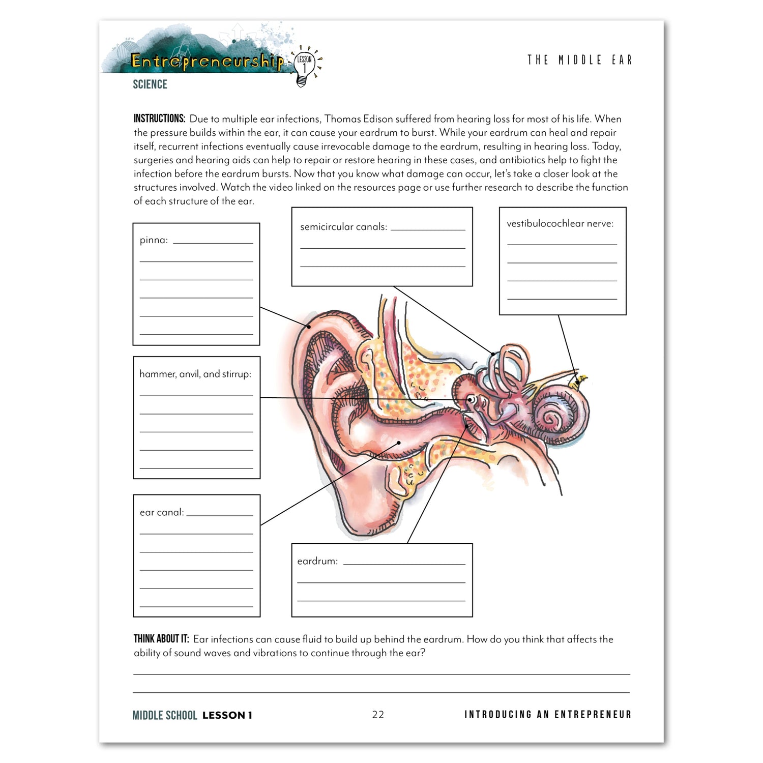 Entrepreneurship Homeschool Unit Study Digital Middle School Student Book Lesson 1 The Middle Ear