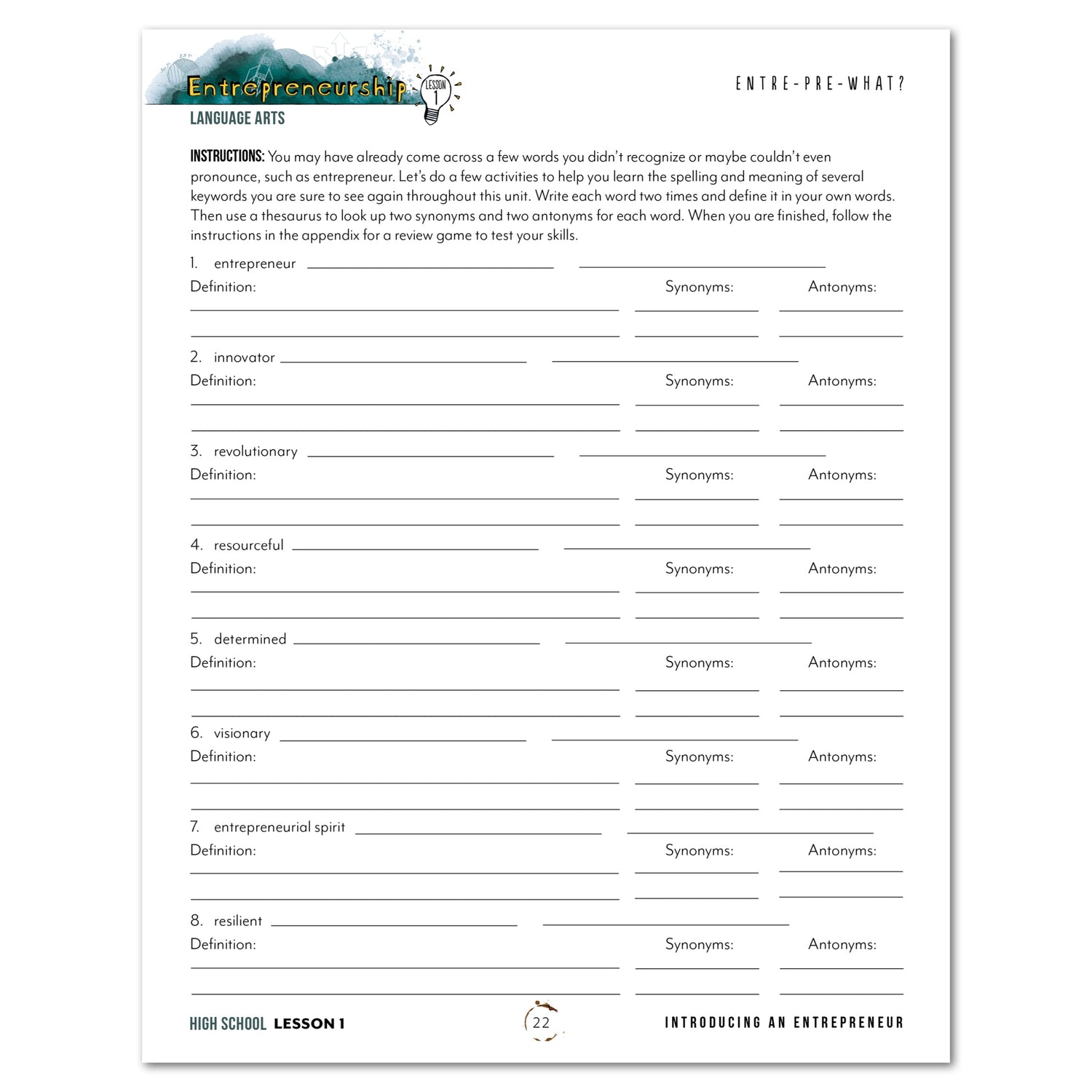 Entrepreneurship Homeschool Unit Study Digital High School Student Book Lesson 1 Entre-pre-what?