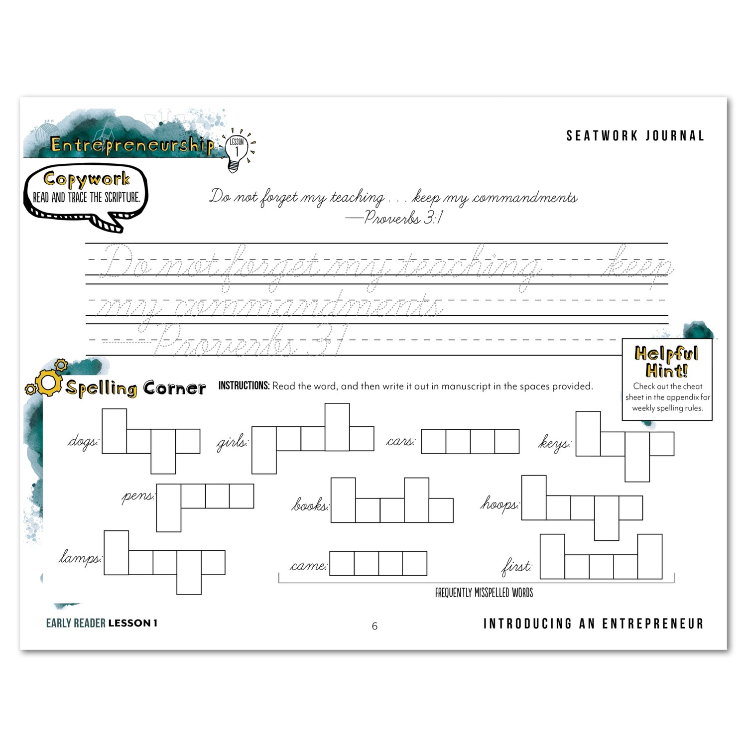 Entrepreneurship Homeschool Unit Study Digital Seatwork Journal Cursive Early Reader Lesson 1 Copwork and Spelling
