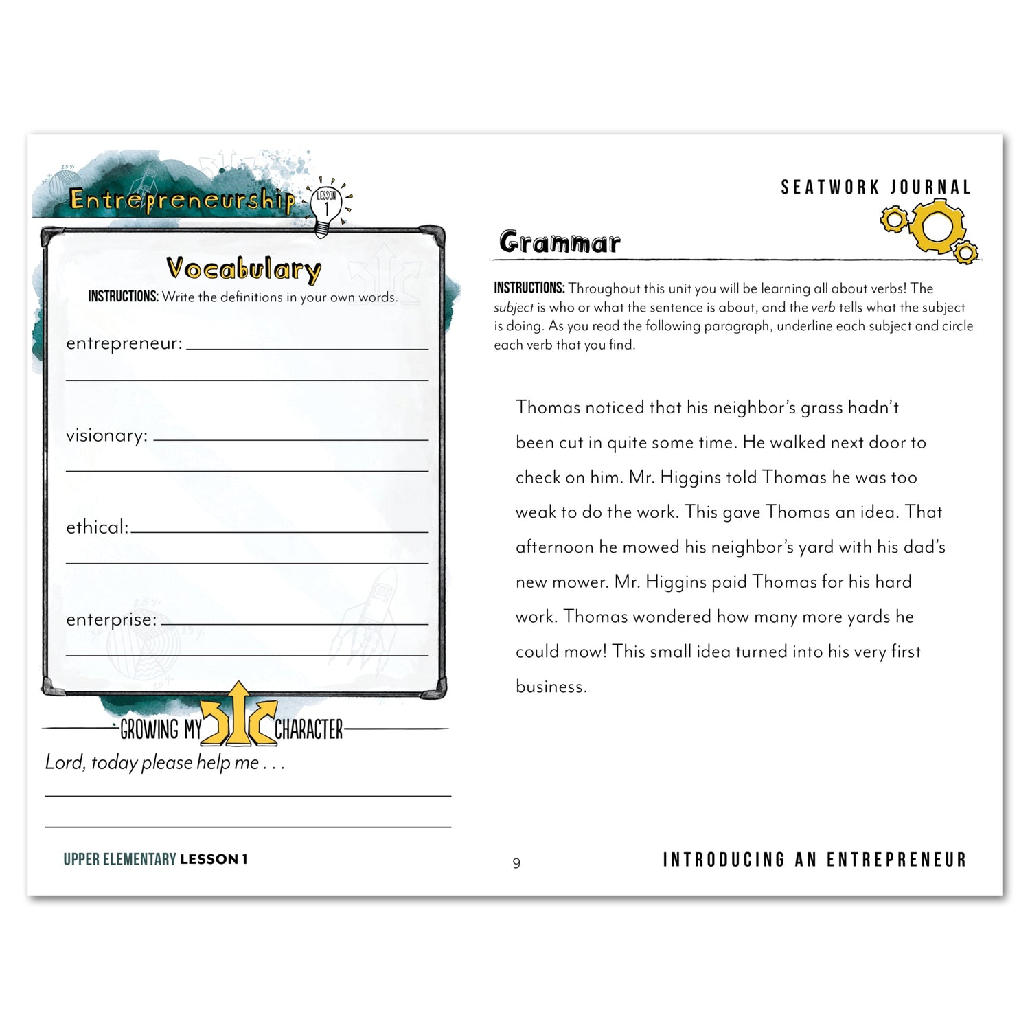 Entrepreneurship Homeschool Unit Study Digital Seatwork Journal Manuscript Upper Elementary Lesson 1 Vocabulary and Grammar