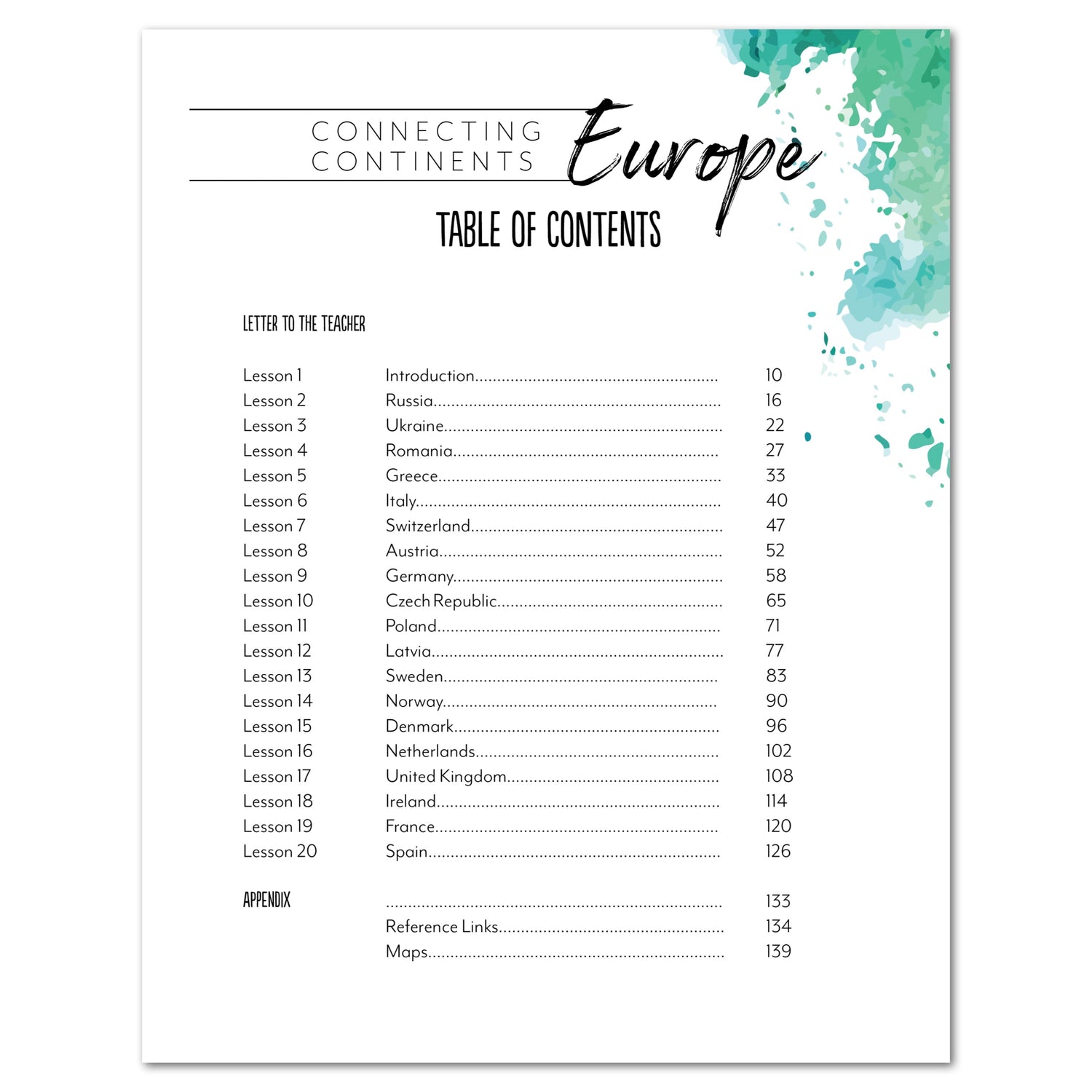 Europe homeschool unit study digital Teacher's Guide table of contents