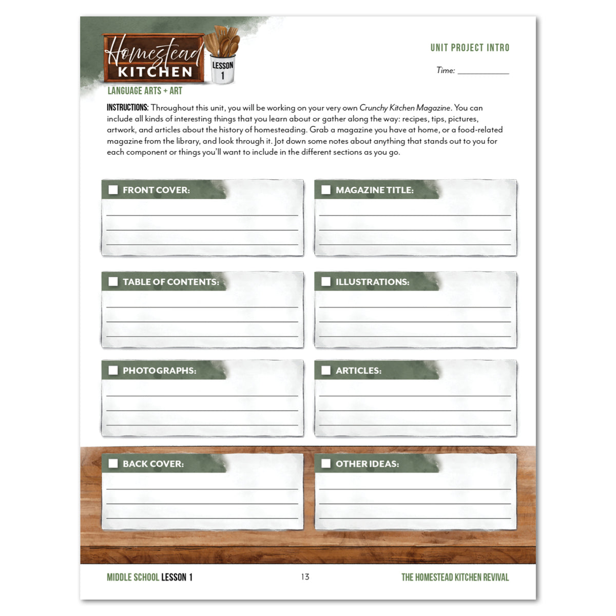 An educational worksheet on planning a magazine. Page features sections with writing lines for student to note things they want to include.