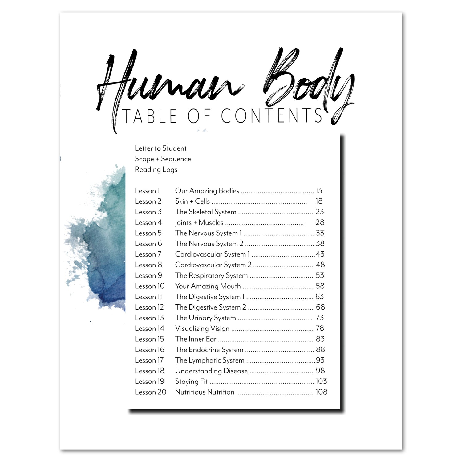 Human Body homeschool unit study digital student workbook table of contents