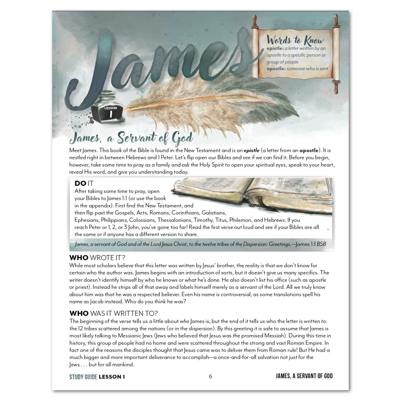 A printed lesson sheet titled 'James, a Servant of God' with a large Bible cover at the top, two hanging scrolls, and multiple paragraphs of text below. The page is mostly white with gray and black text, plus a small red accent in the title.